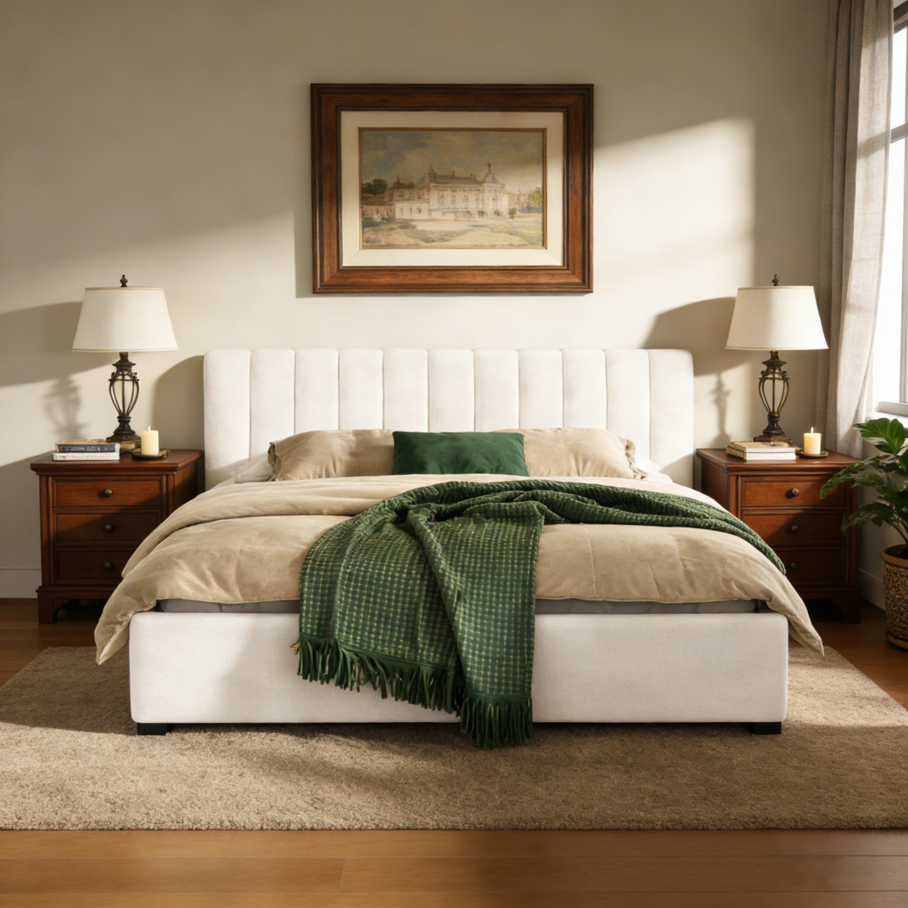 King Size Upholstered Bed Frame With Linen Fabric Thick Headboard Solid Wood Legs