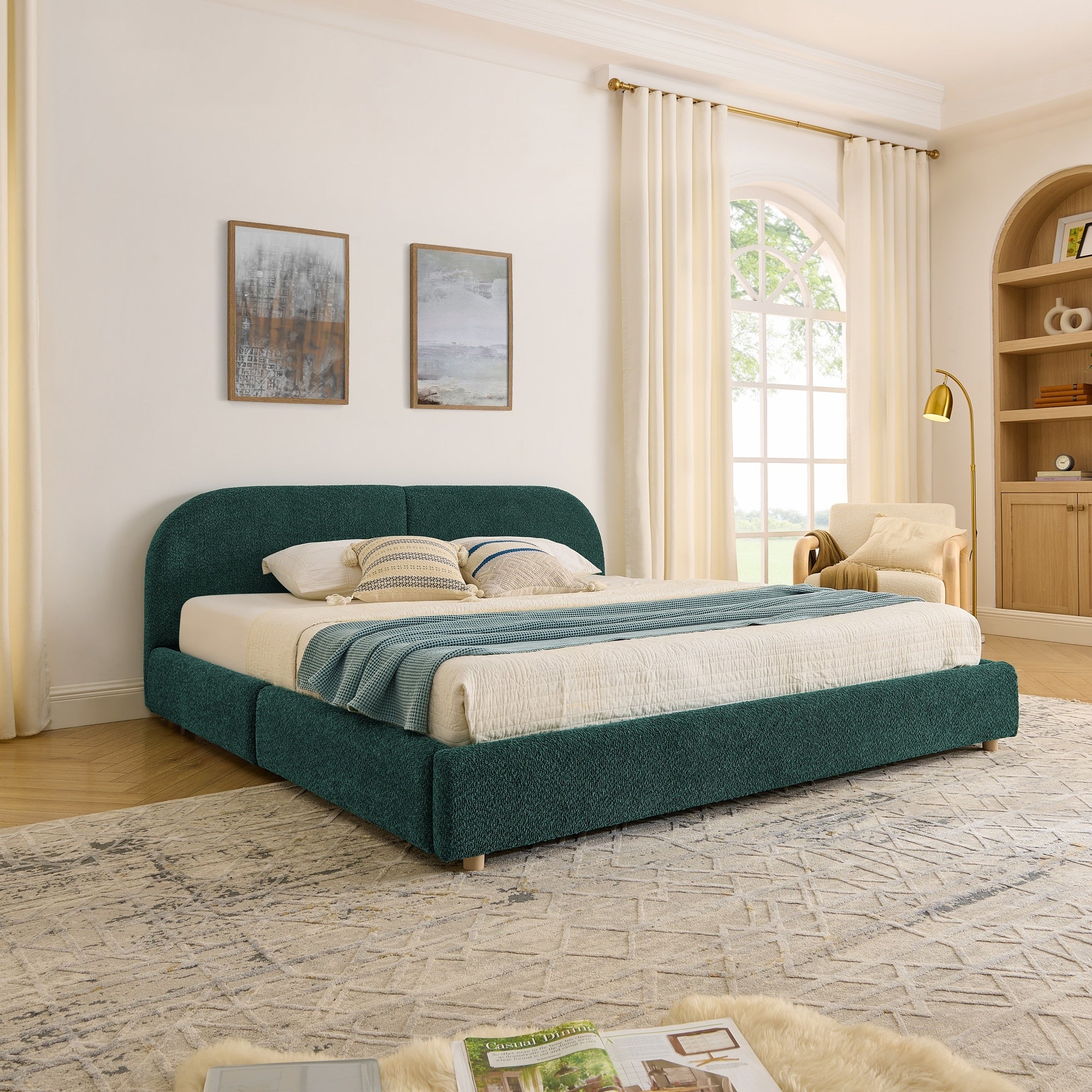 King Size Upholstered Bed Frame With Tall Headboard And Wheeled Drawer