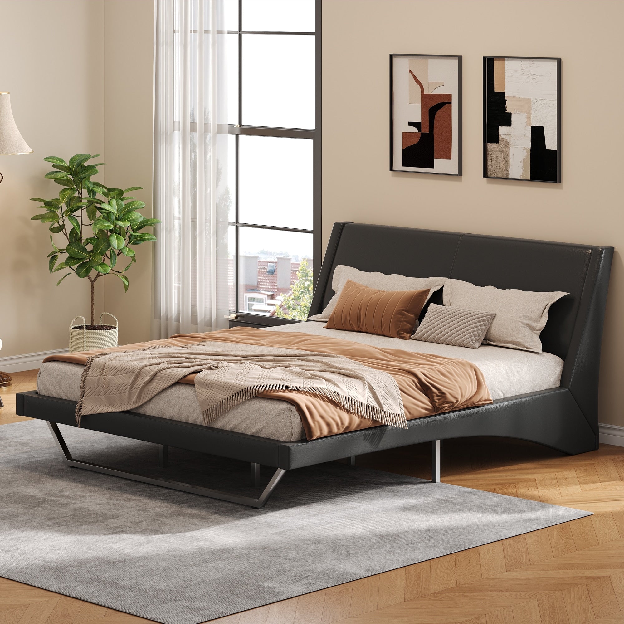 King Size Upholstered Bed Frame Pu Leather Platform Bed With Wave Like Curve Design And Trapezoidal Shaped Leg