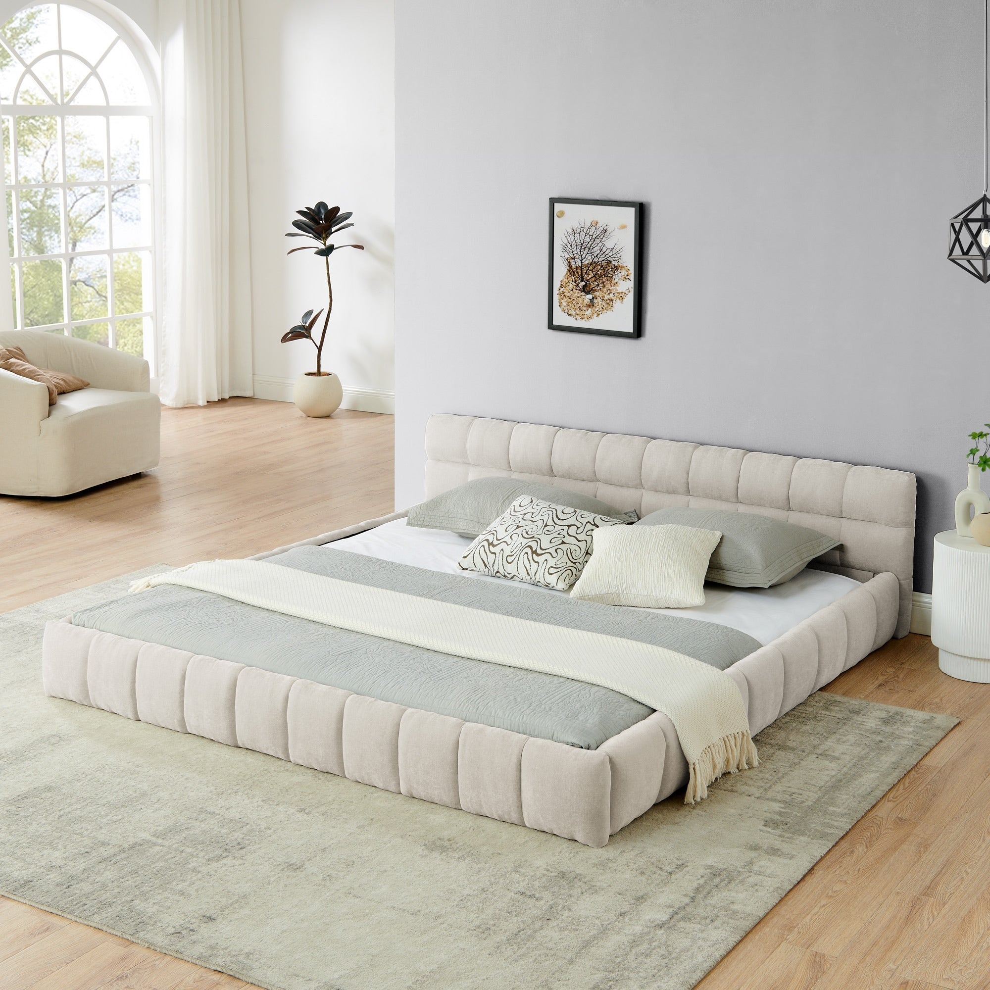 King Size Upholstered Platform Bed Thick Chenille Fabric Headboard No Box Spring Needed 88.5 X 85.5