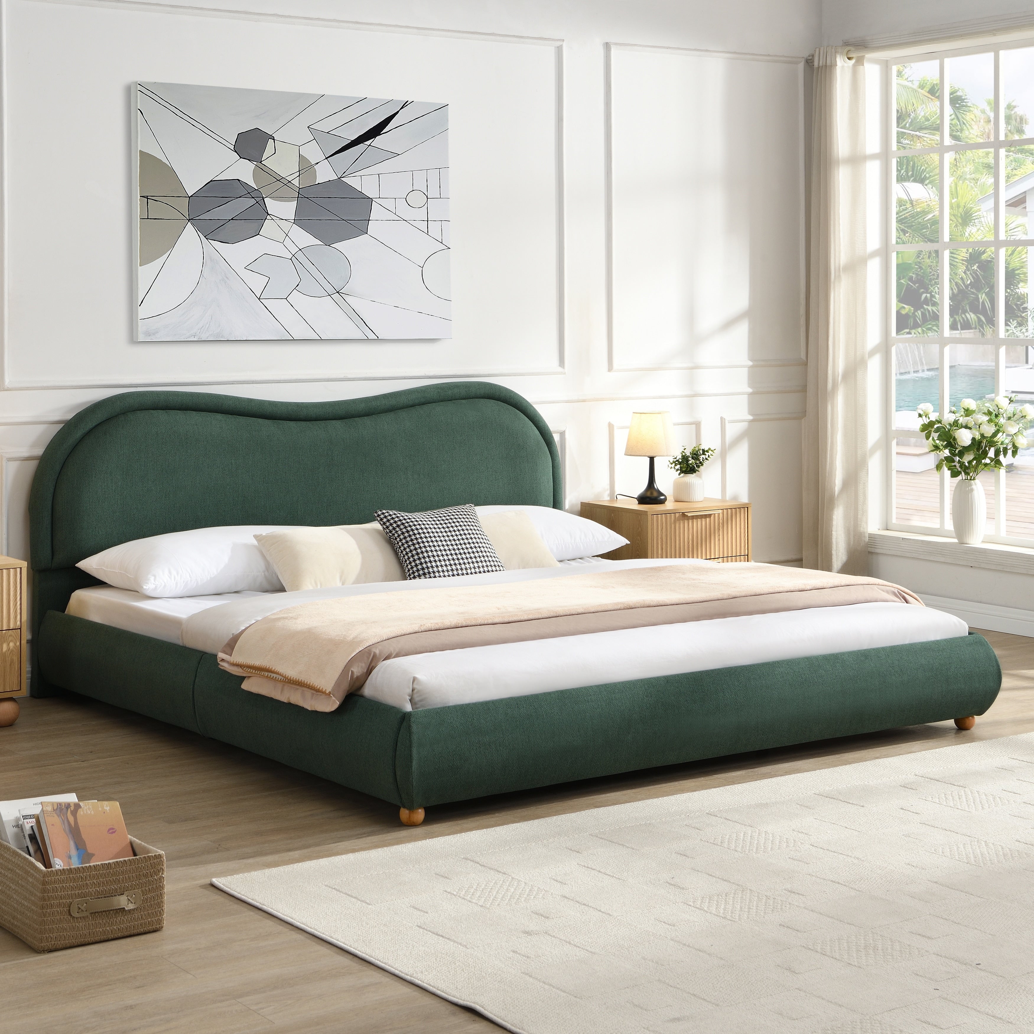 King Size Upholstered Platform Bed Frame With Headboard Wood Legs