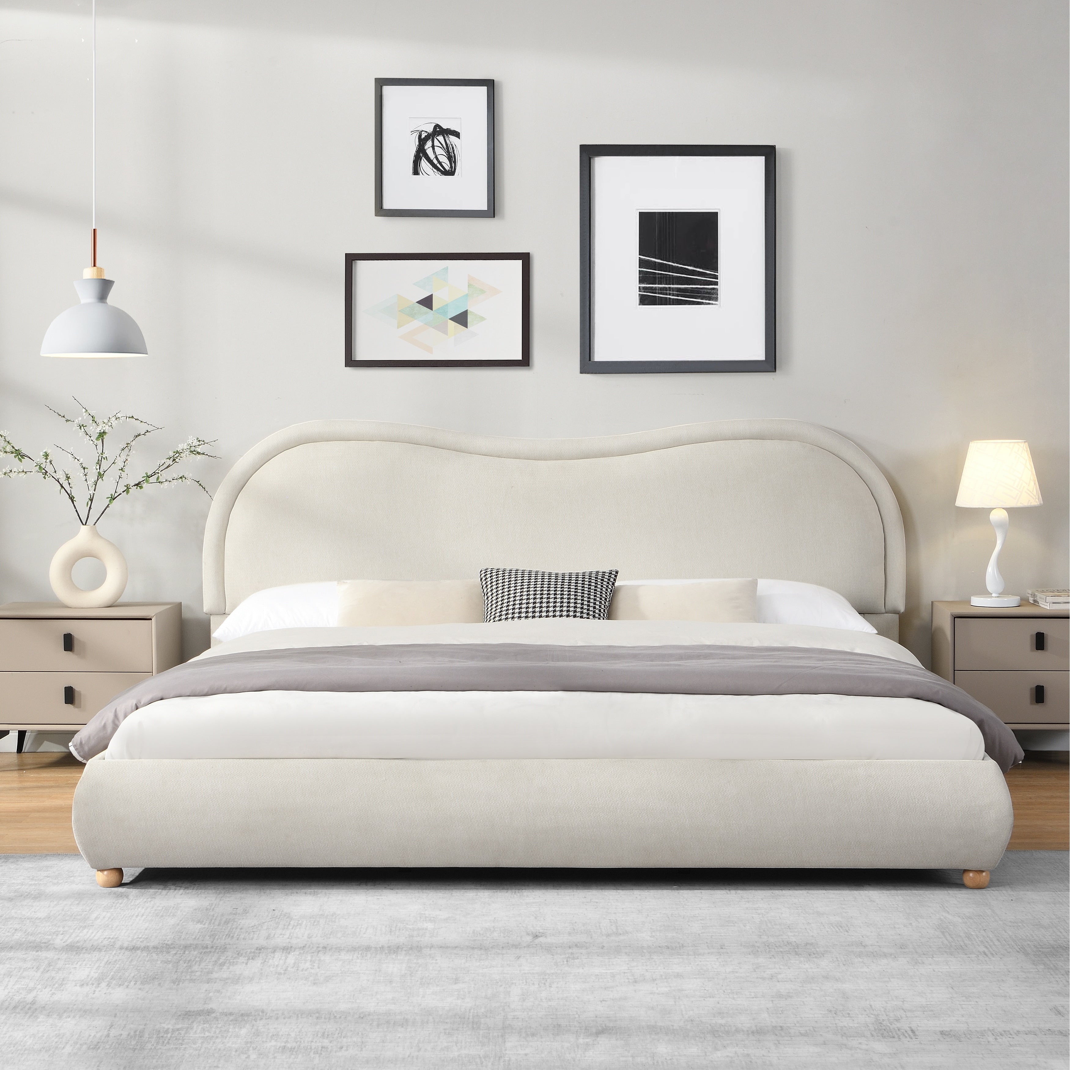 King Size Upholstered Platform Bed Frame With Rounded Headboard