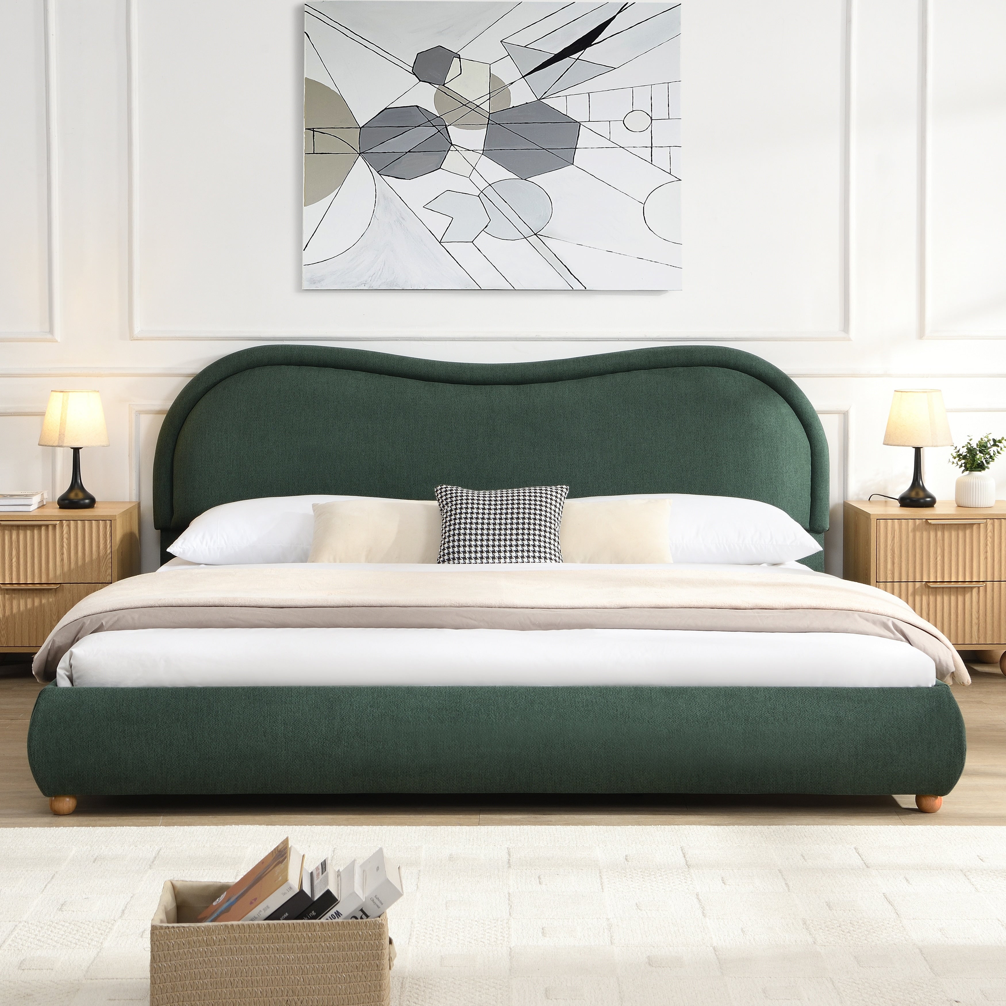 King Size Upholstered Platform Bed Frame With Rounded Headboard