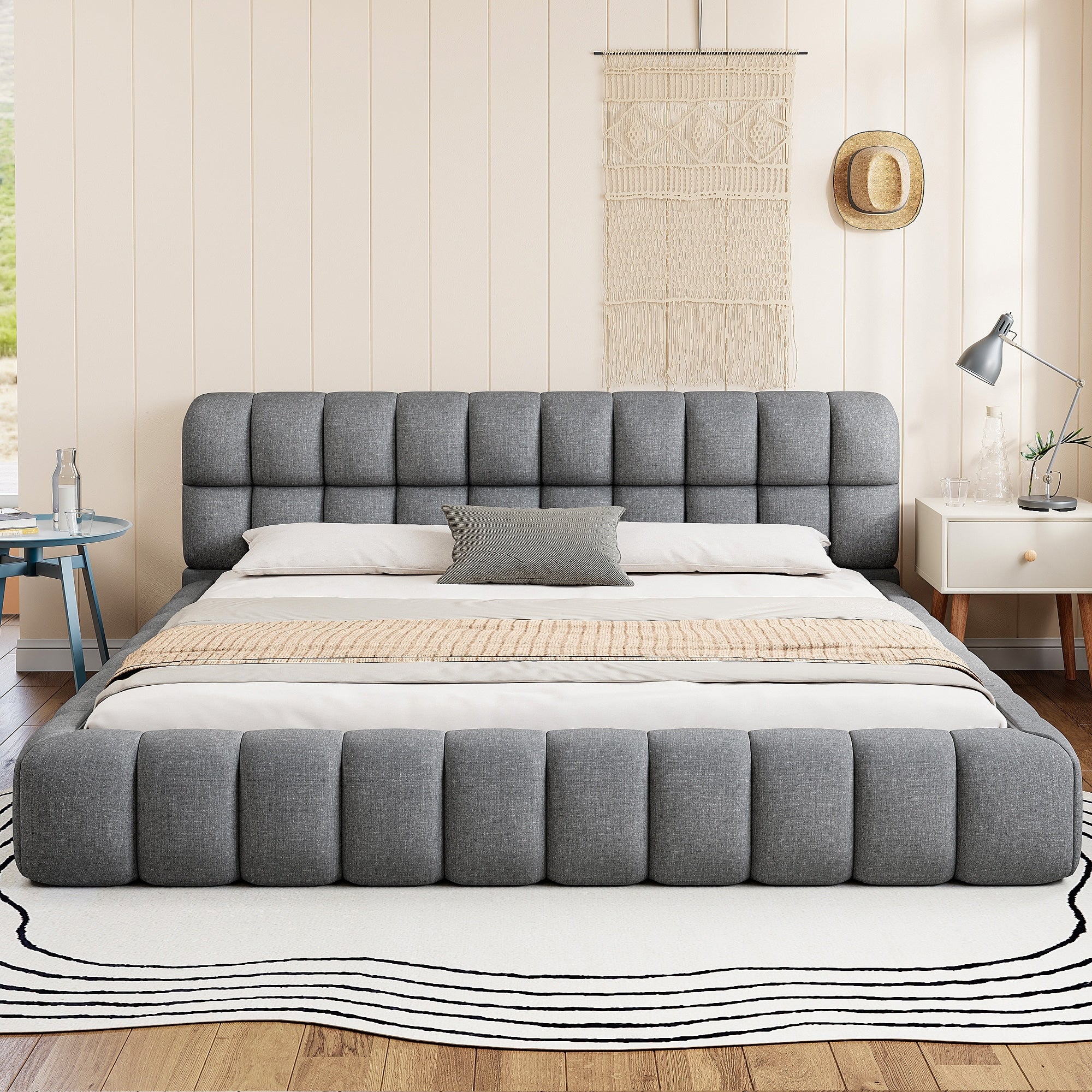 King Size Upholstered Platform Bed With Headboard For Bedroom