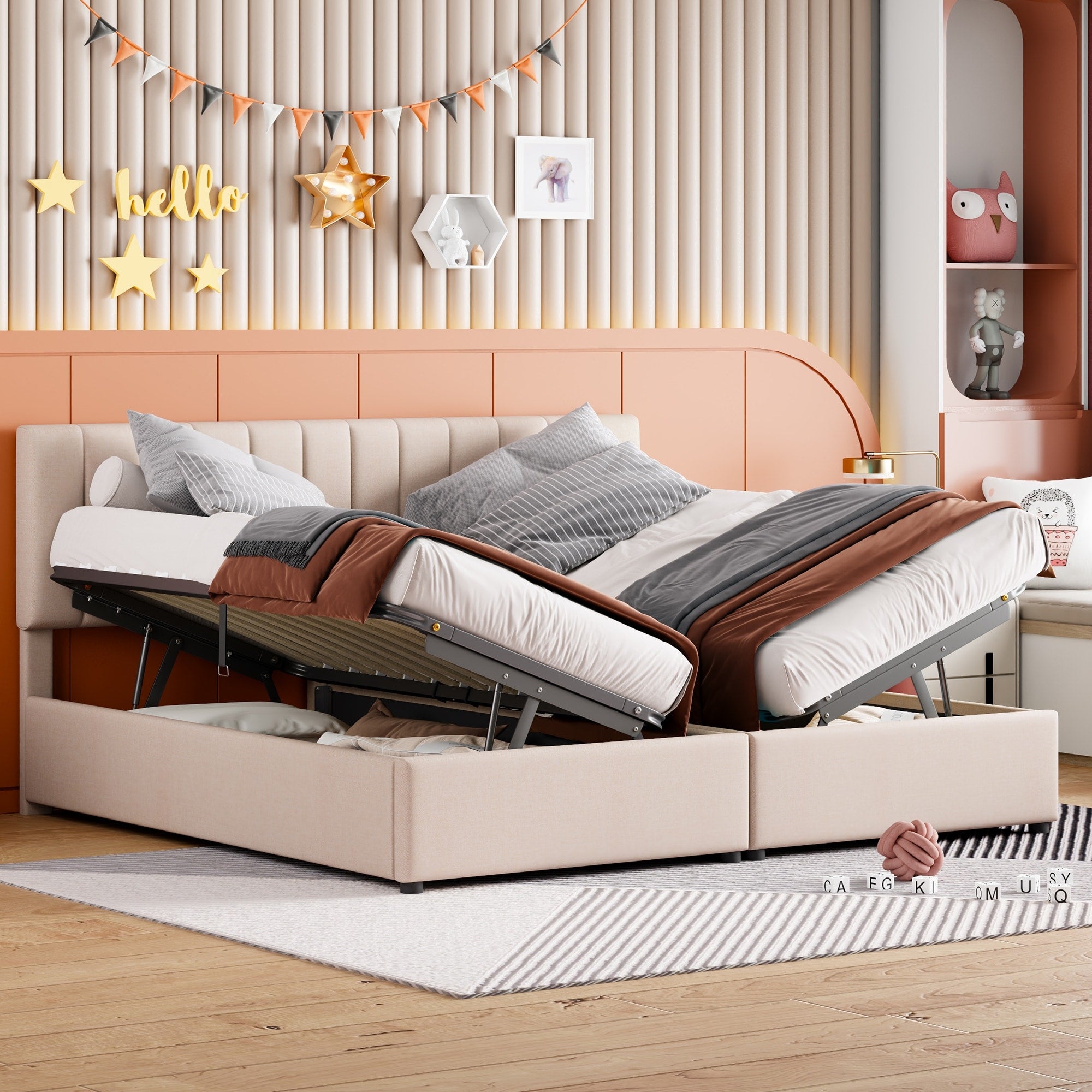 King Size Upholstered Platform Bed With A Hydraulic Storage System Beige