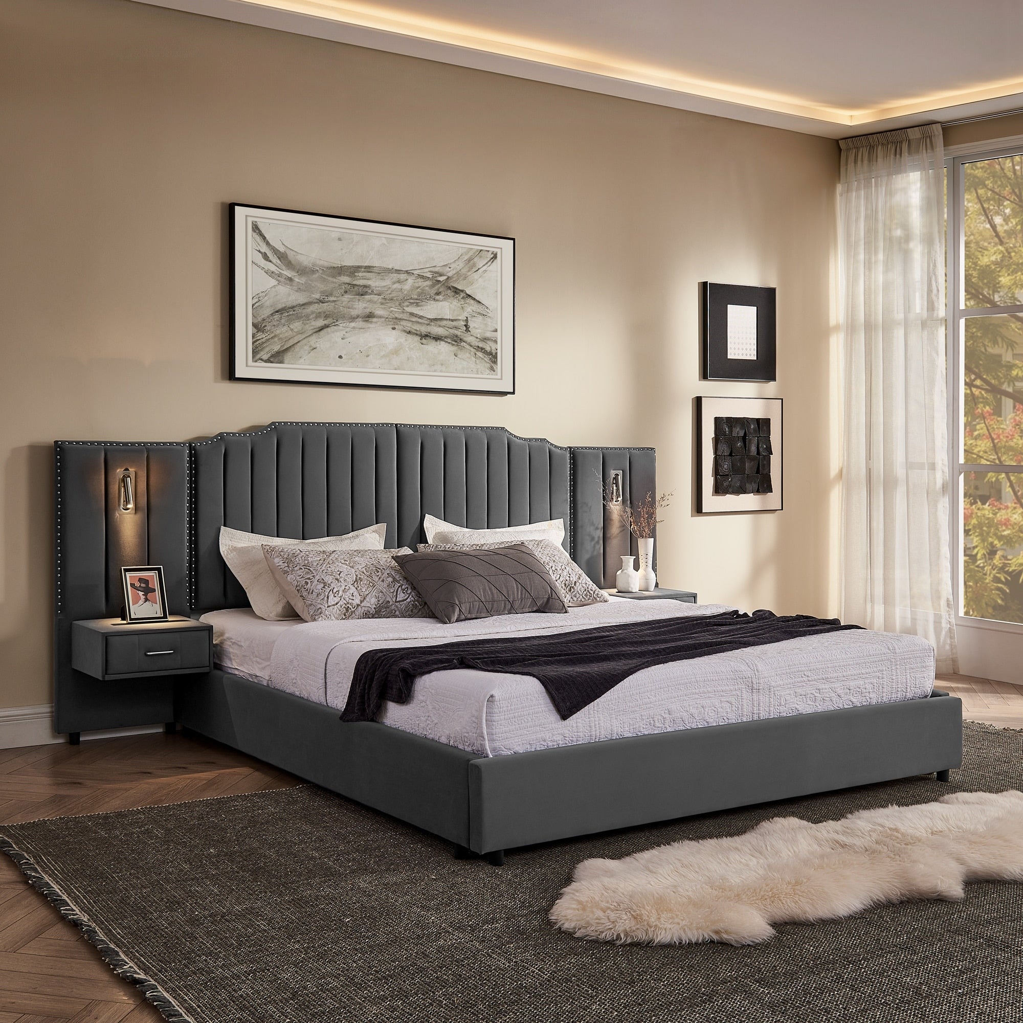 King Size Upholstered Velvet Fabric Bed With Buttons Around And Bedside Table