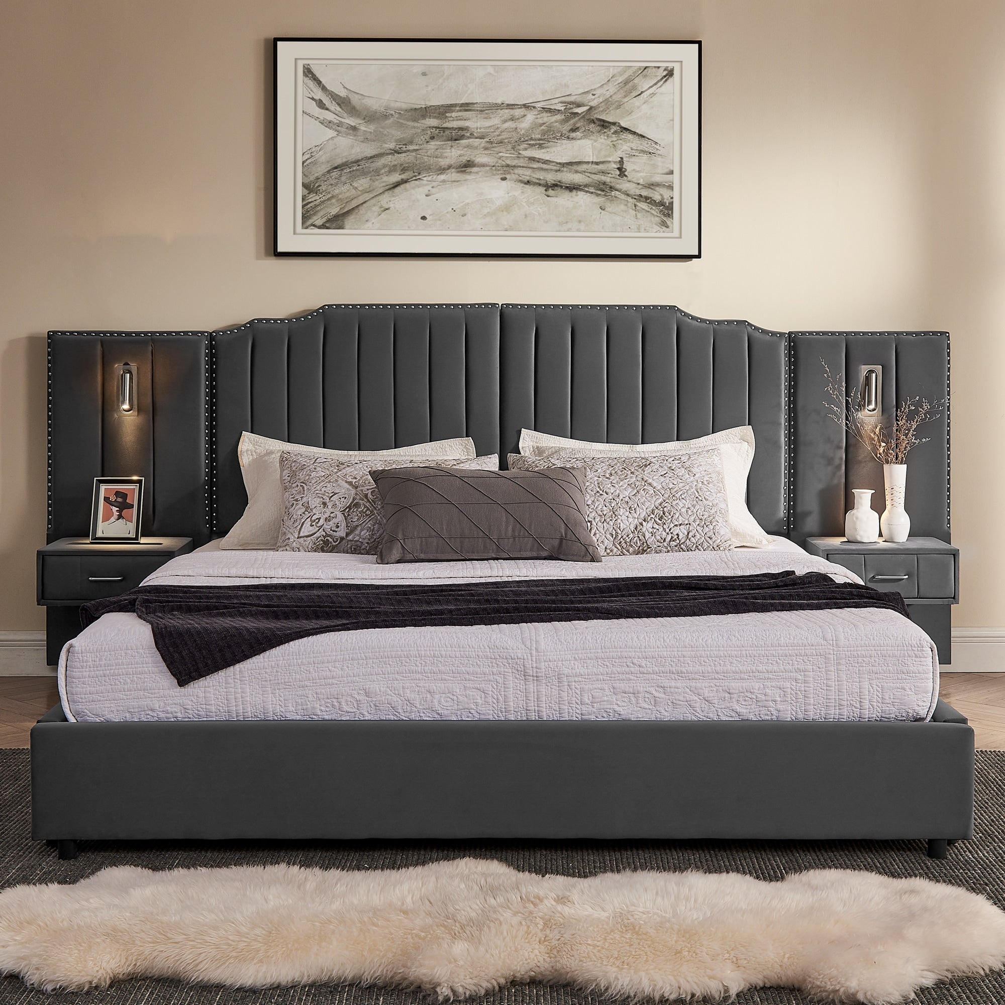 King Size Velvet Upholstered Bed With Nightstand
