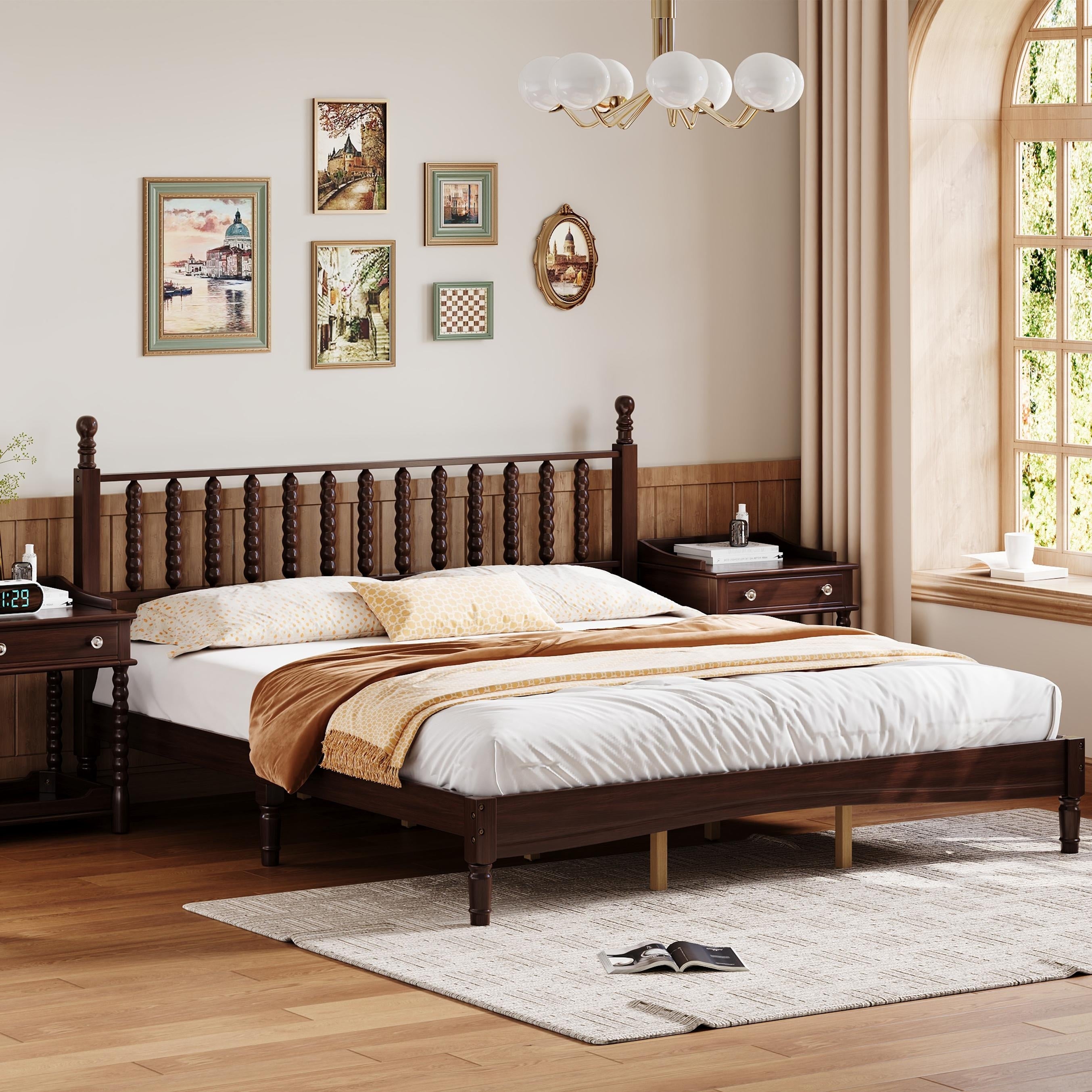 King Size Wood Platform Bed With Headboard Wooden Slat Support