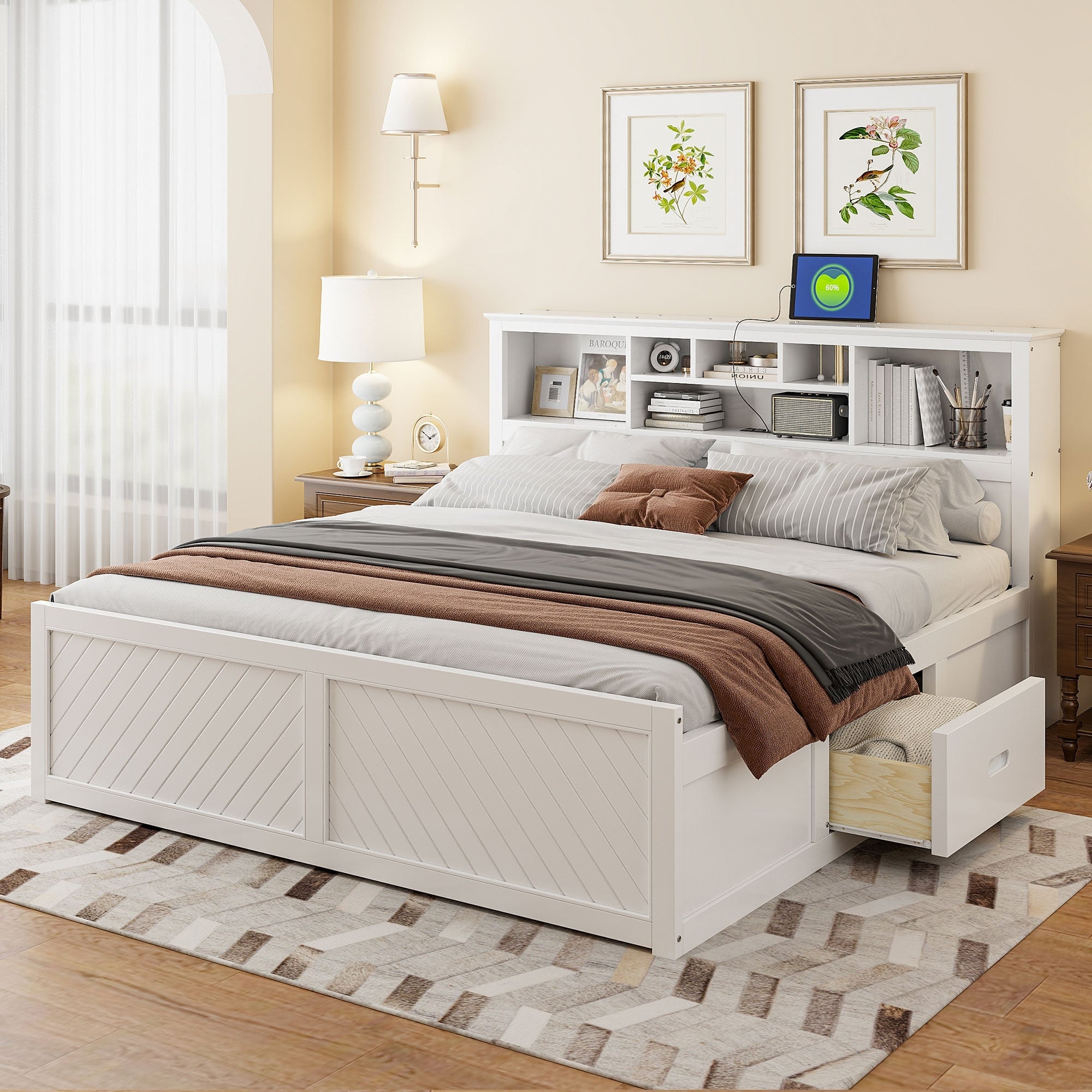 King Size Wood Platform Bed With Multi Storage Headboard Usb Charging And Drawers