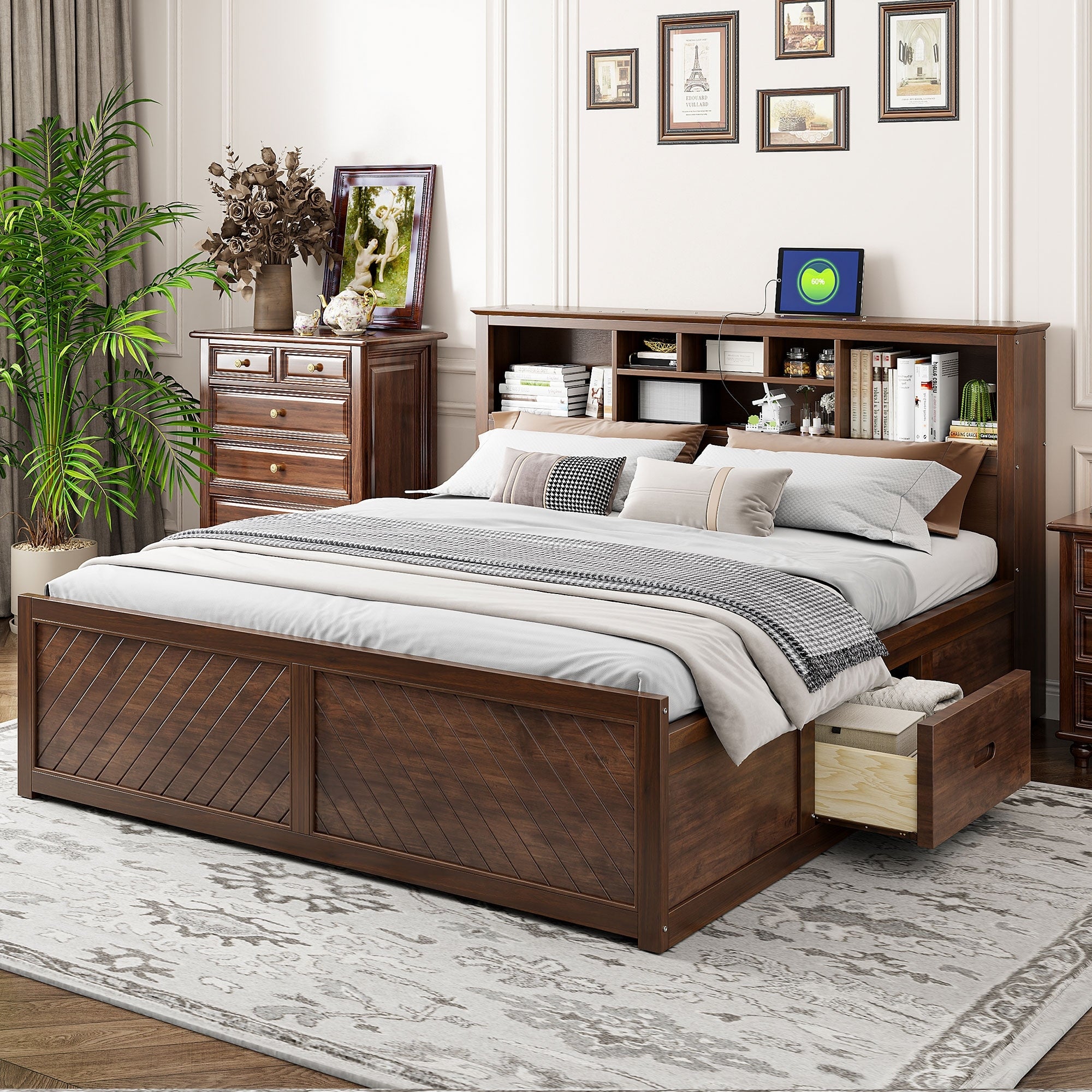King Size Wood Platform Bed With Multi Storage Headboard Usb And Drawers