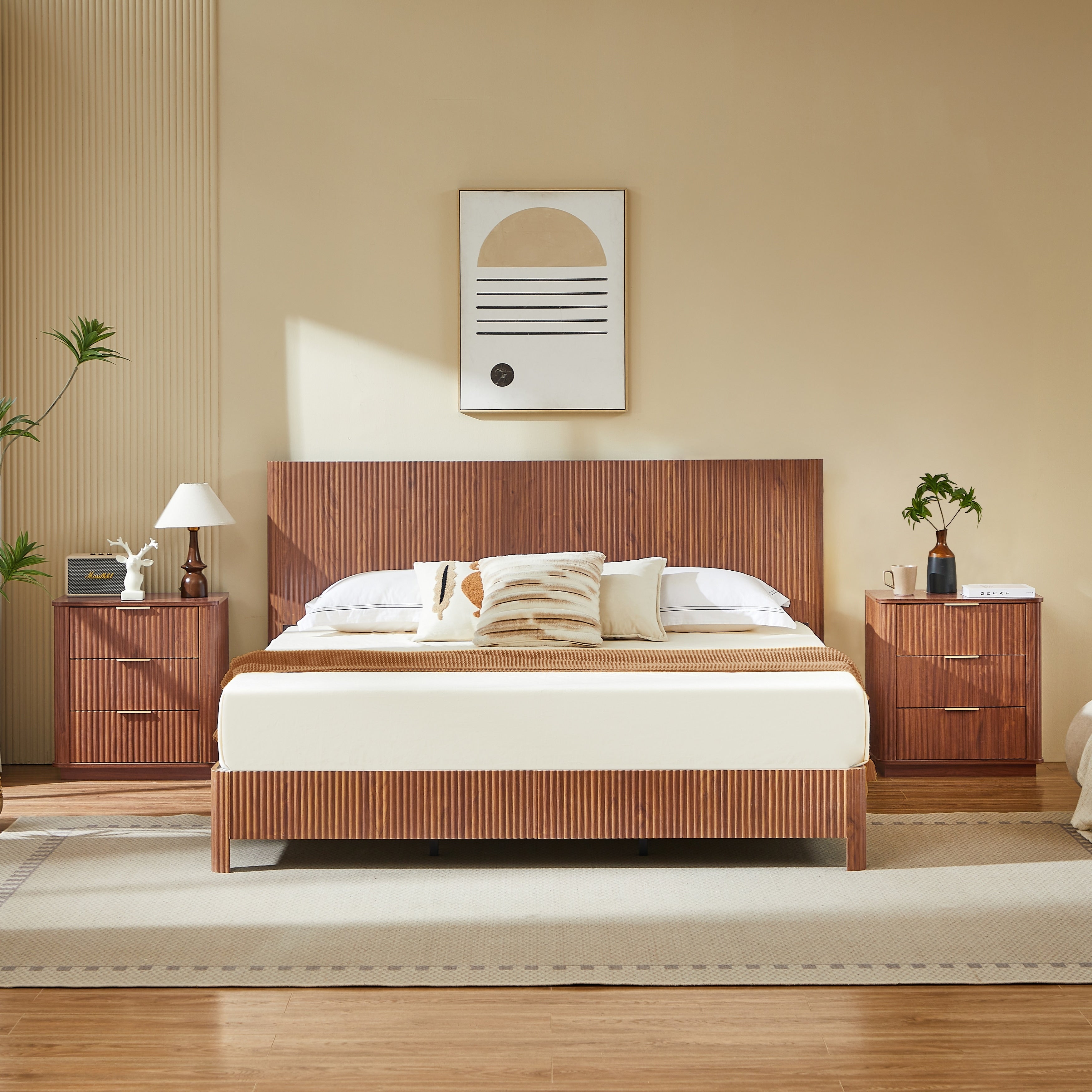 King Size Wooden Corrugated Curved Lines No Box Spring Needed