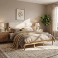King Solid Wood Bed Frame Fleece Upholstered Headboard Elegant Ivory Color