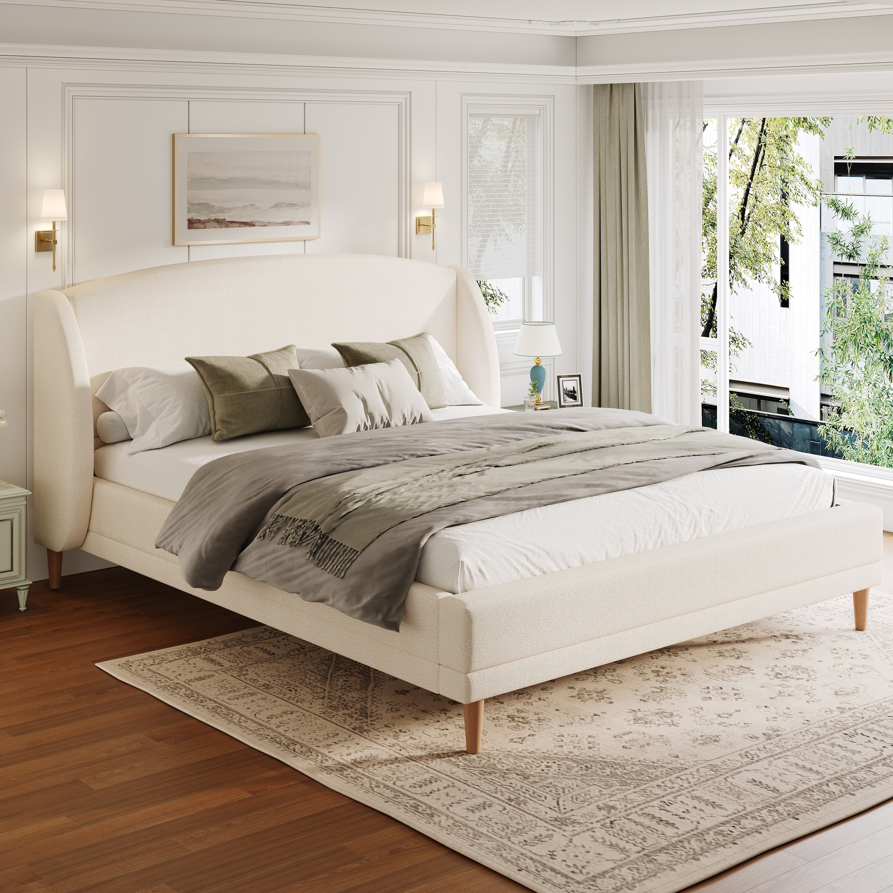 King Upholstered Bed Frame With Boucle Fabric Wingback Headboard Solid Wood Legs White
