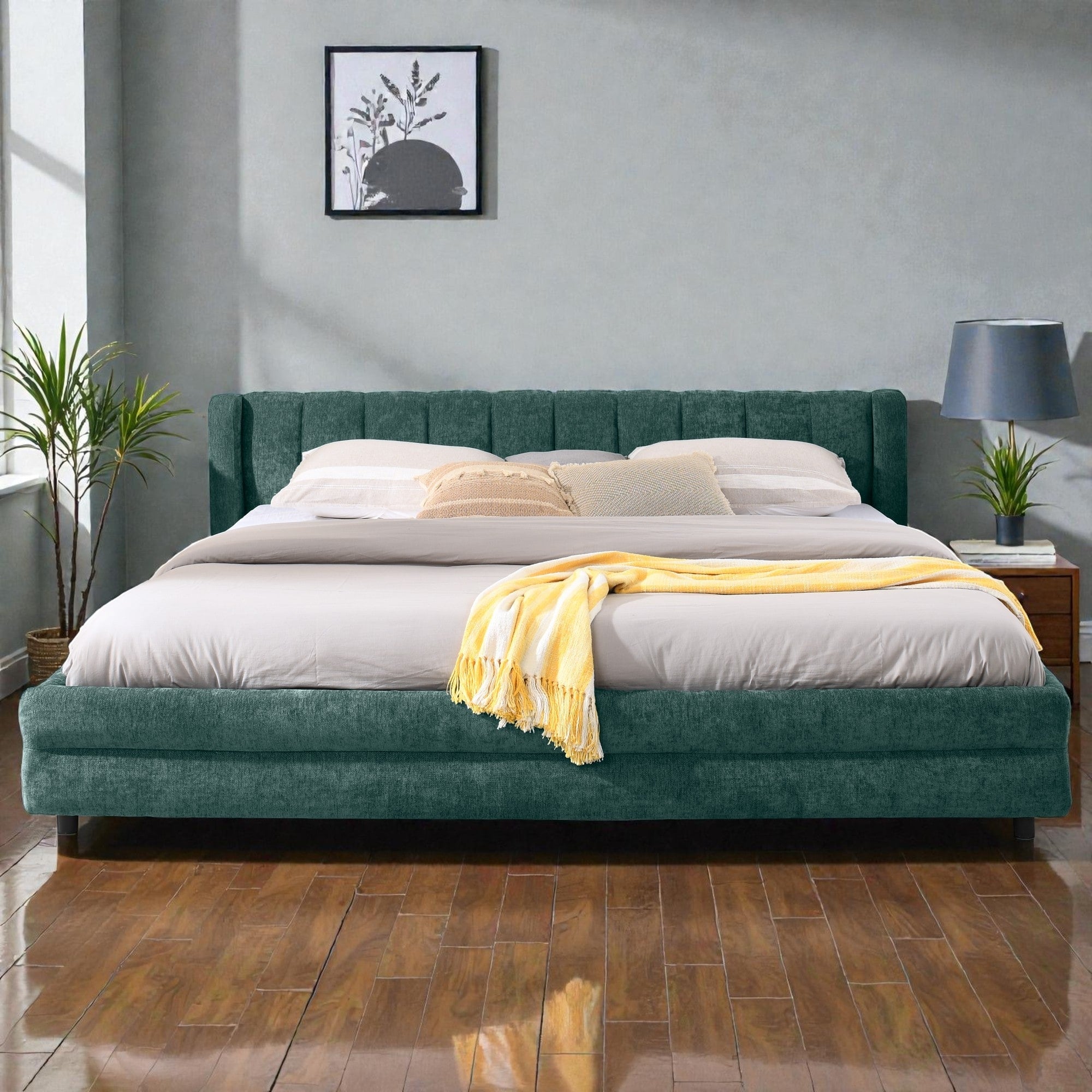 King Upholstered Bed Frame With Chenille Fabric Soft Headboard And Underbed Storage Drawer Modern Platform Design