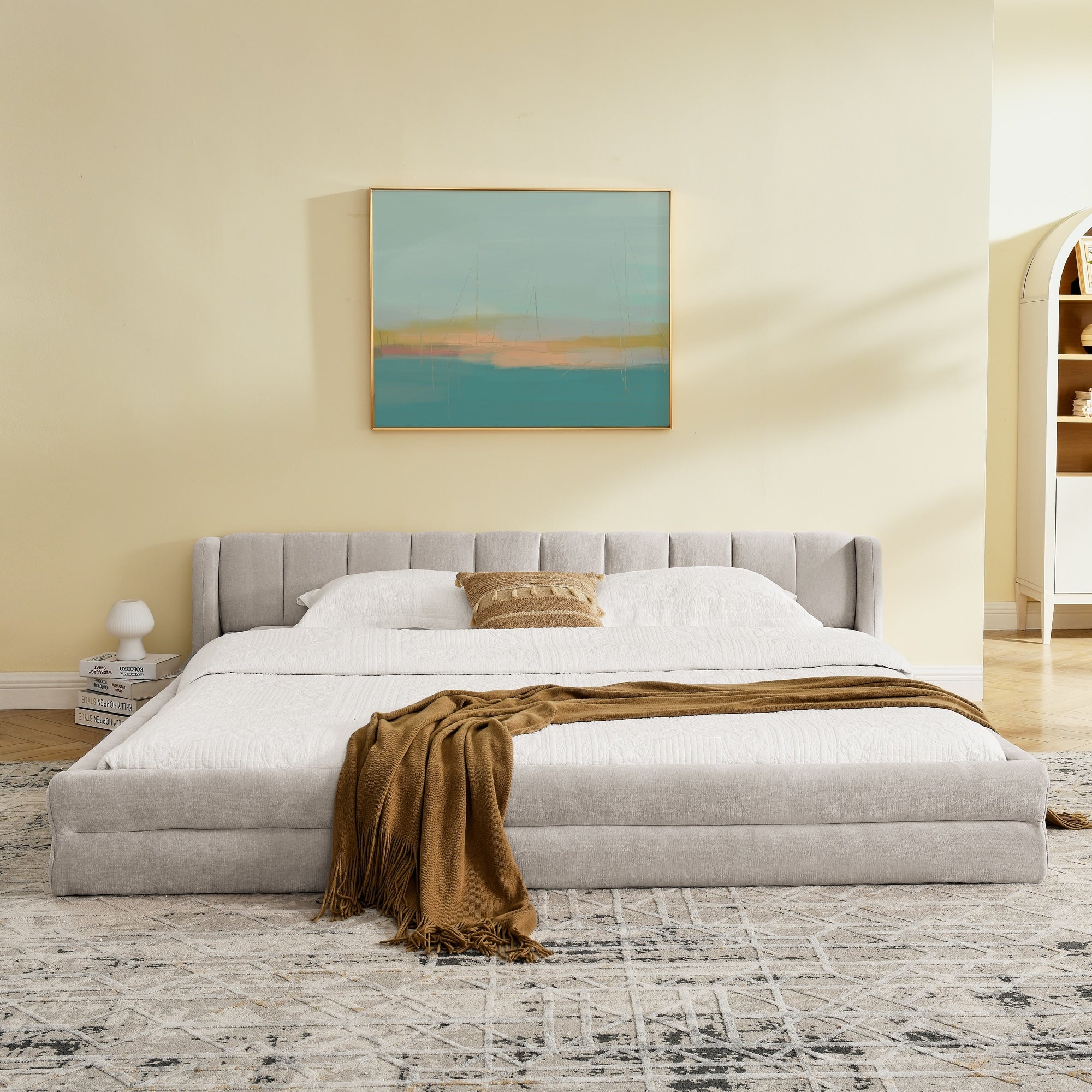 King Upholstered Bed Frame With Plush Chenille Fabric Solid Headboard