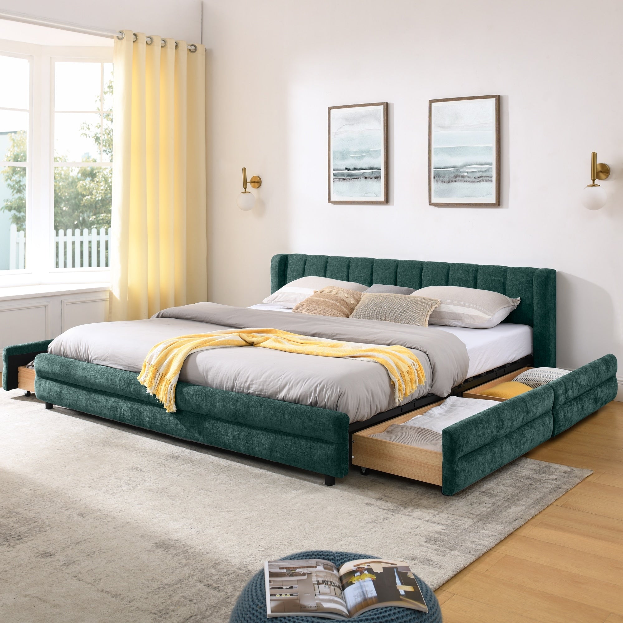 King Upholstered Bed Frame With Storage Drawer Thick Padded Headboard Solid Frame In Chenille Fabric