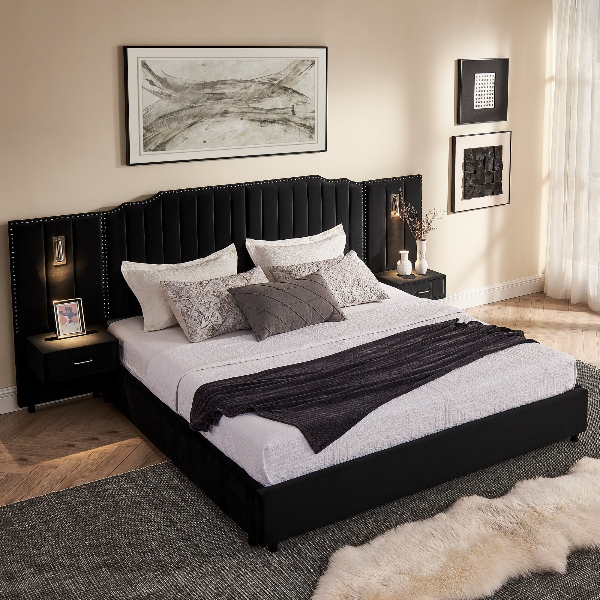 King Upholstered Wingback Platform Bed Frame With Vertical Stripe Enlarged Headboard Adjustable Lamps Integrated Nightstand