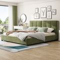 King Velvet Upholstered Platform Bed Curved Tufted Headboard Soft Corners Olive