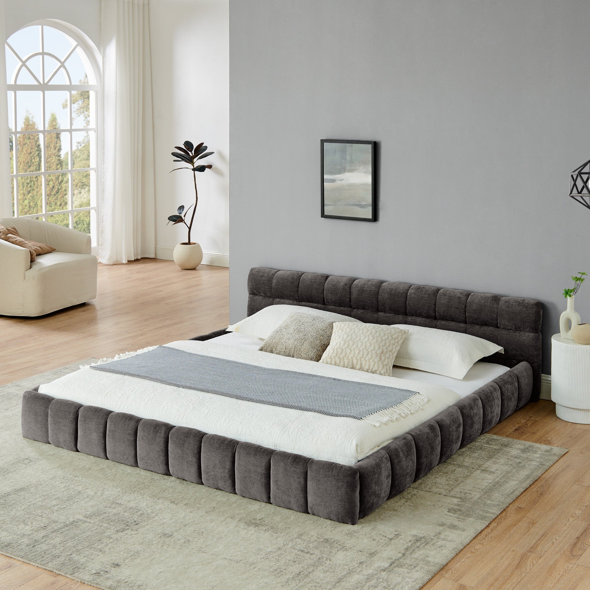 King Size Upholstered Chenille Bed Frame With Headboard And Solid Frame
