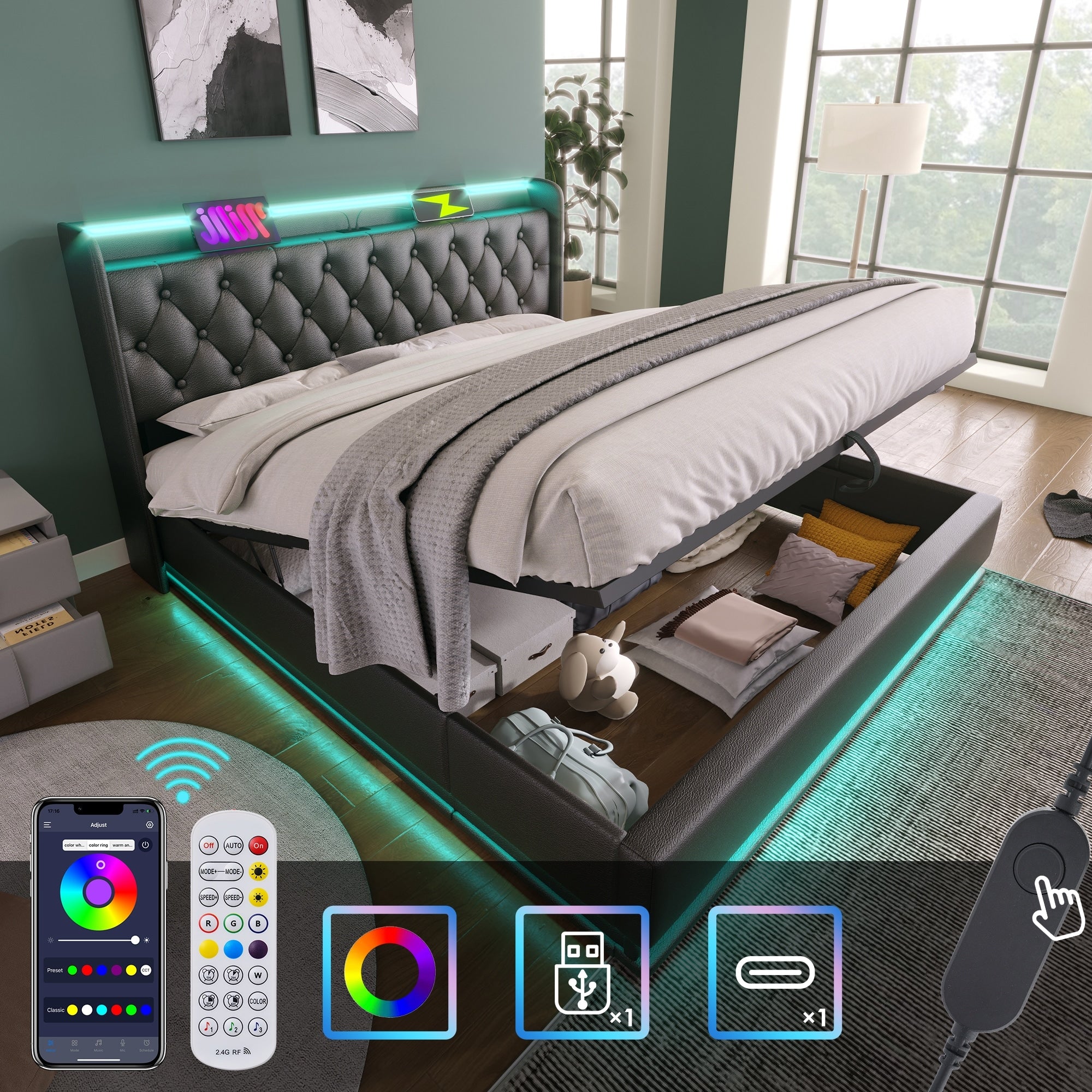 King Size Upholstered Bed 360 Surround Led Function Buttons Apps Remote Control Hydraulic Storage Bed