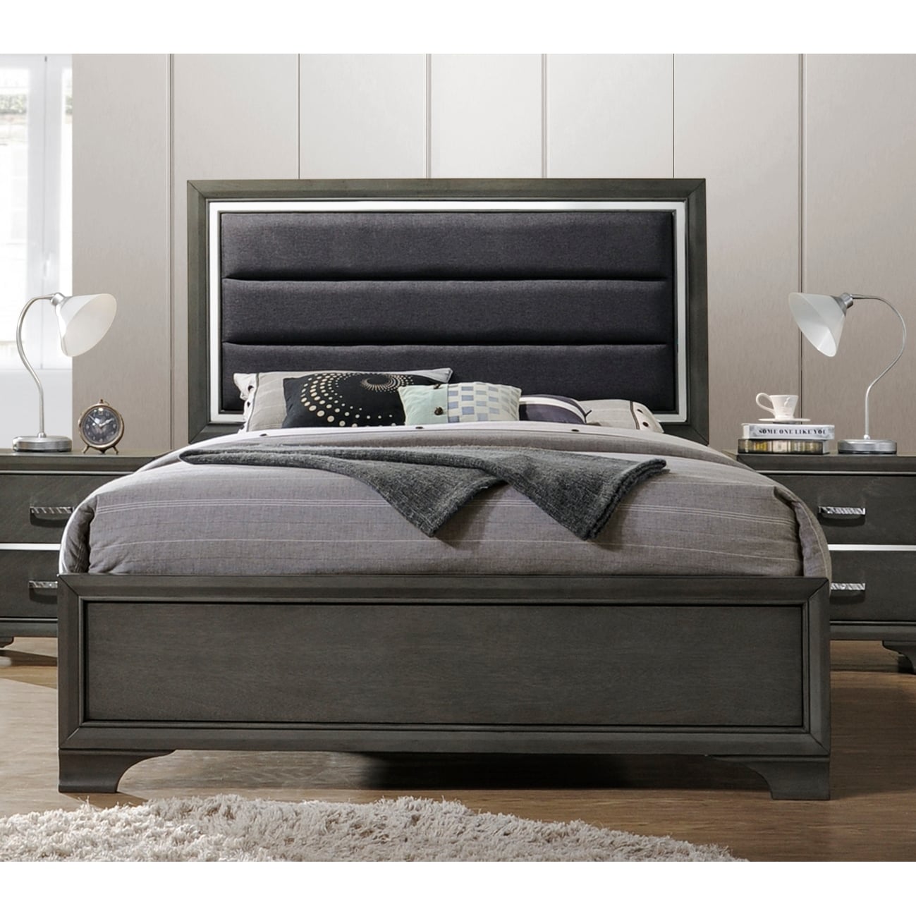 K B Furniture Faux Leather Upholstered Grey Wood King Size Bed