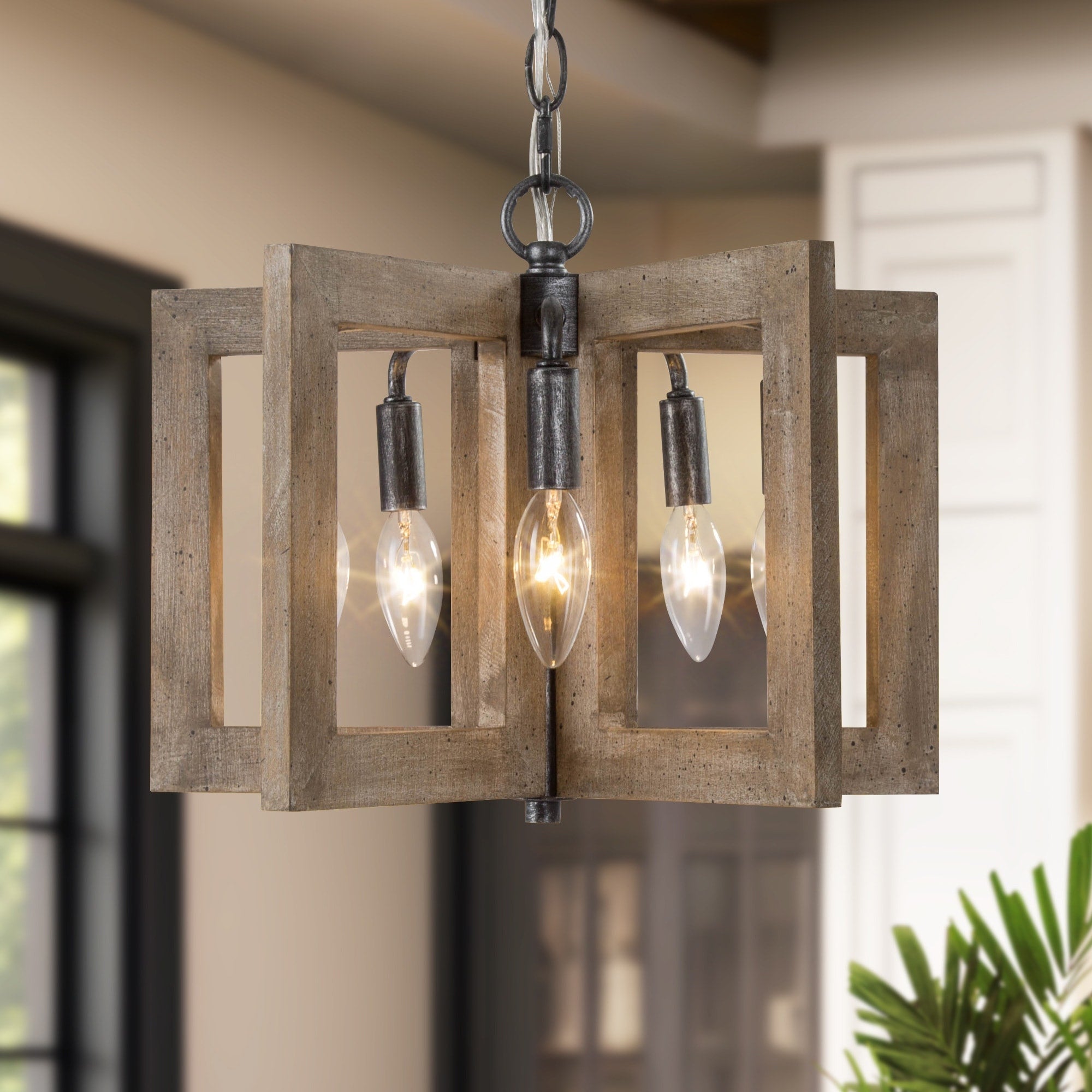 Industrial Mini Antique Wood Chandelier 5 Lights Hanging Ceiling Pendant For Kitchen L 14.2 X W 14.2 X H 11.4