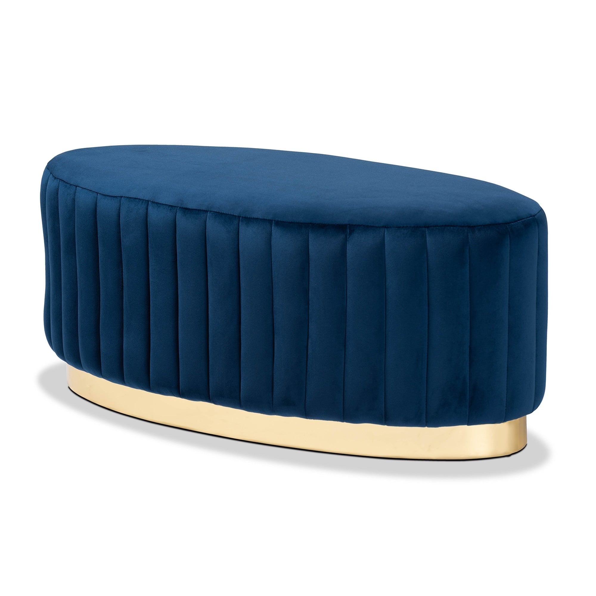 Kirana Velvet Fabric Upholstered And Gold Pu Leather Ottoman