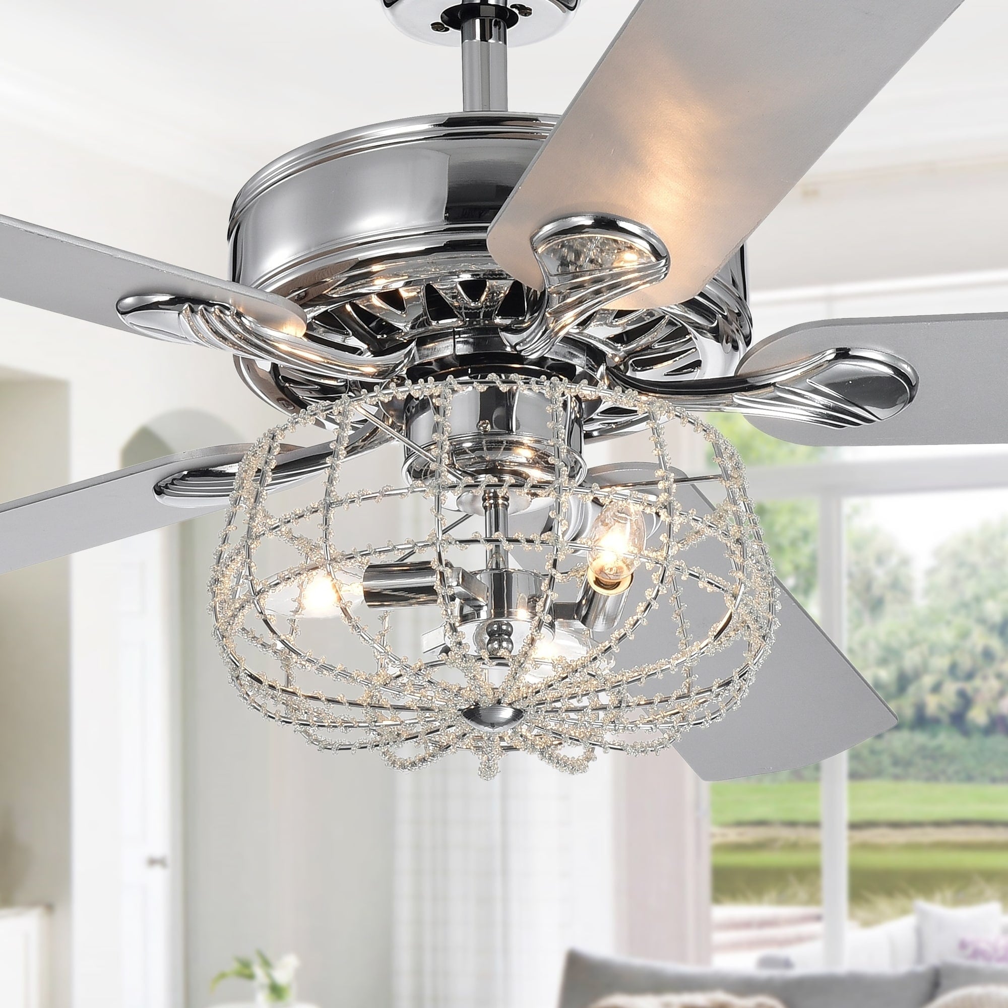 Kishel Chrome 5 Blade Lighted Ceiling Fan With Cage Chandelier 52 Inches Diameter