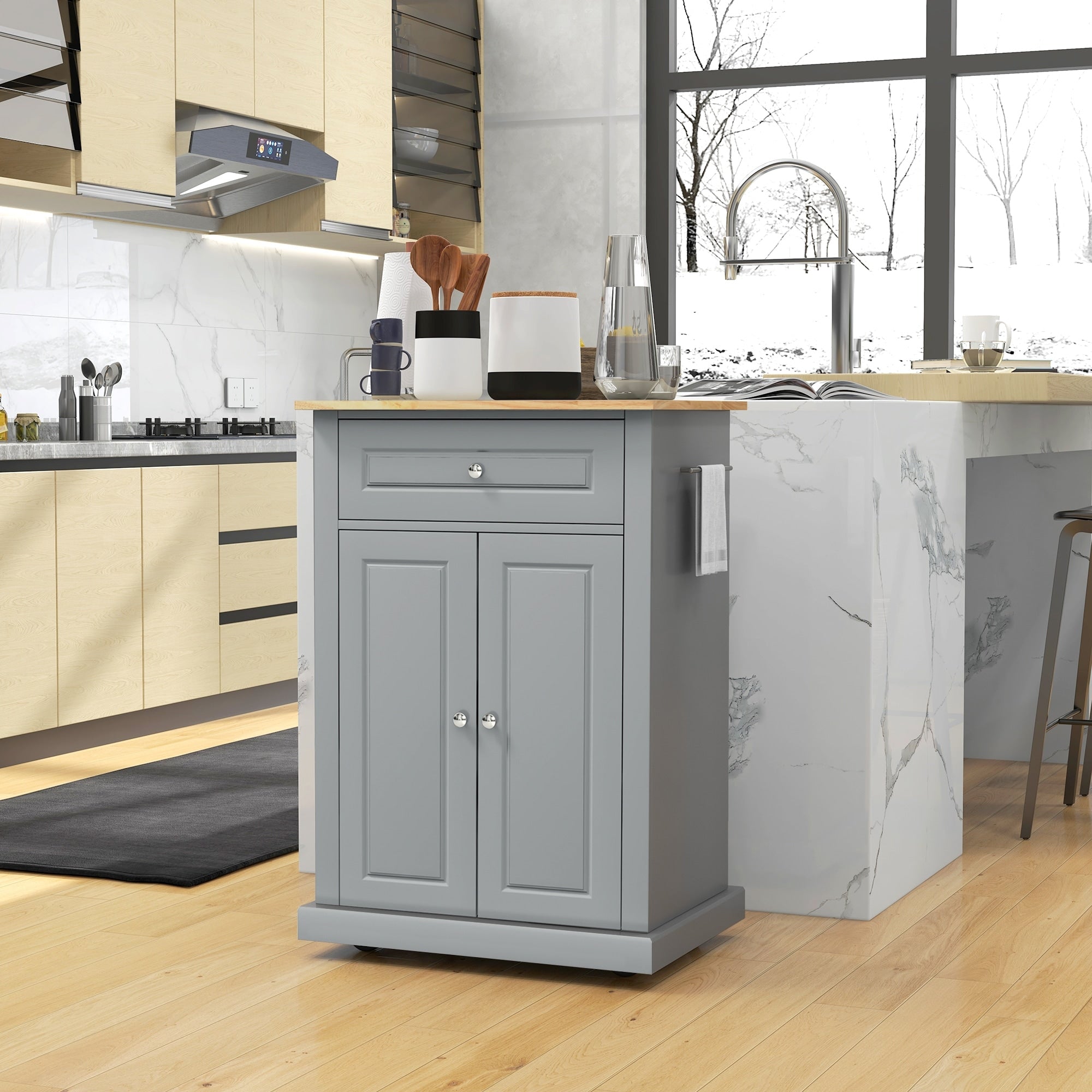Kitchen Cart Serving Cart With Adjustable Shelf Rolling Kitchen Island With 2 Towel Racks And Drawer