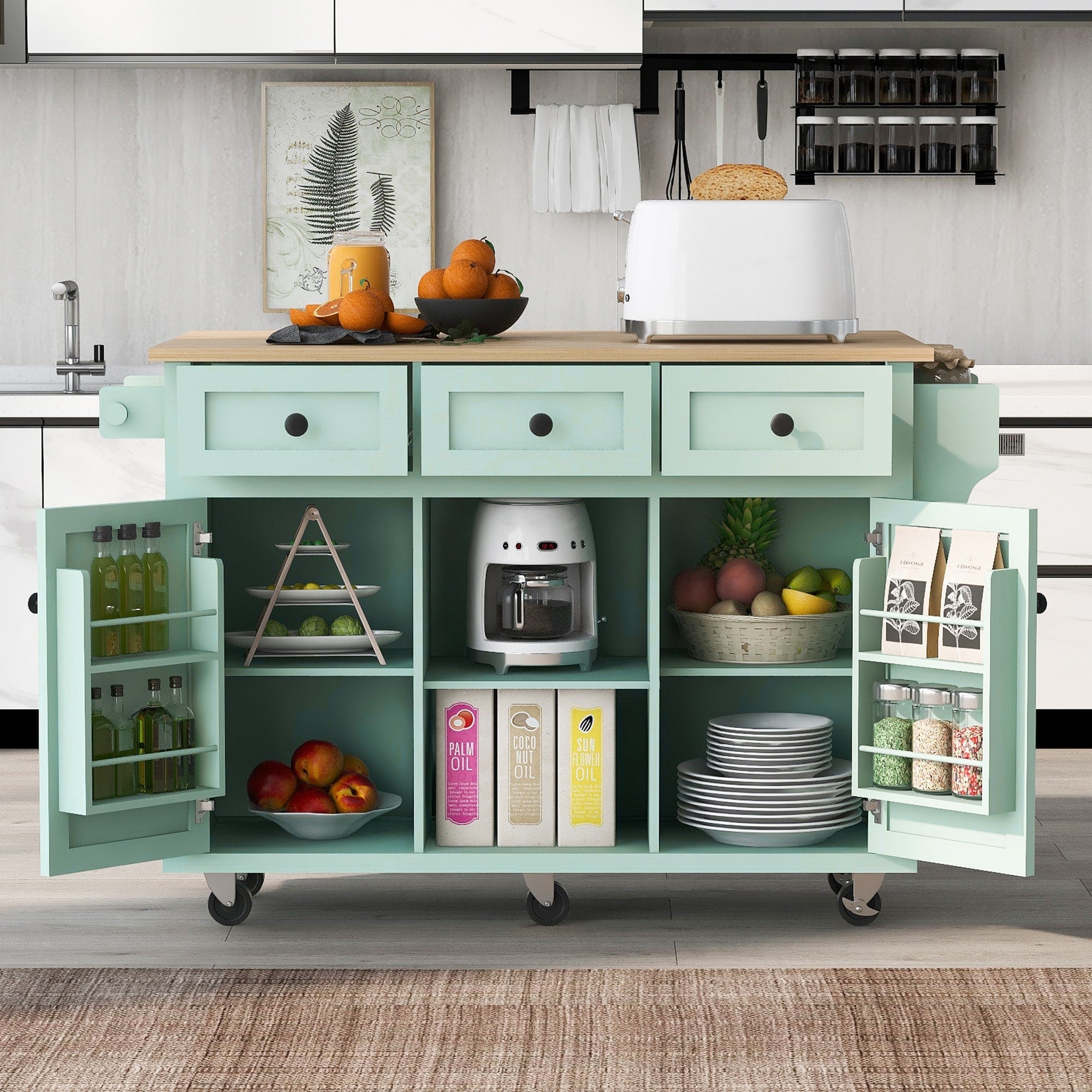 Kitchen Cart With Rubber Wood Drop Leaf Countertop Storage Cabinet 3 Drawers 5 Wheels