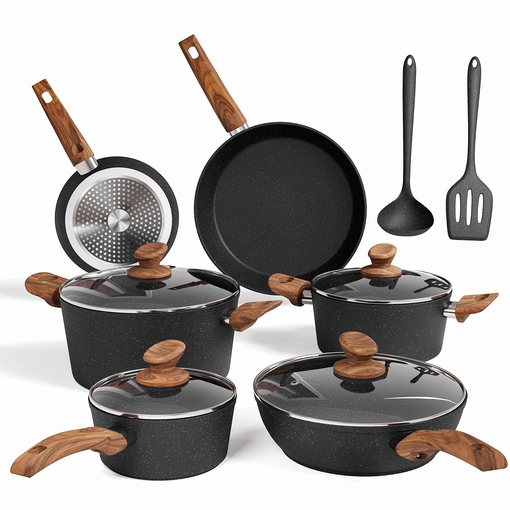 Kitchen Academy 12 Piece Nonstick Granite Coated Cookware Set Bakelite Handle With Wood Effect Soft Touch