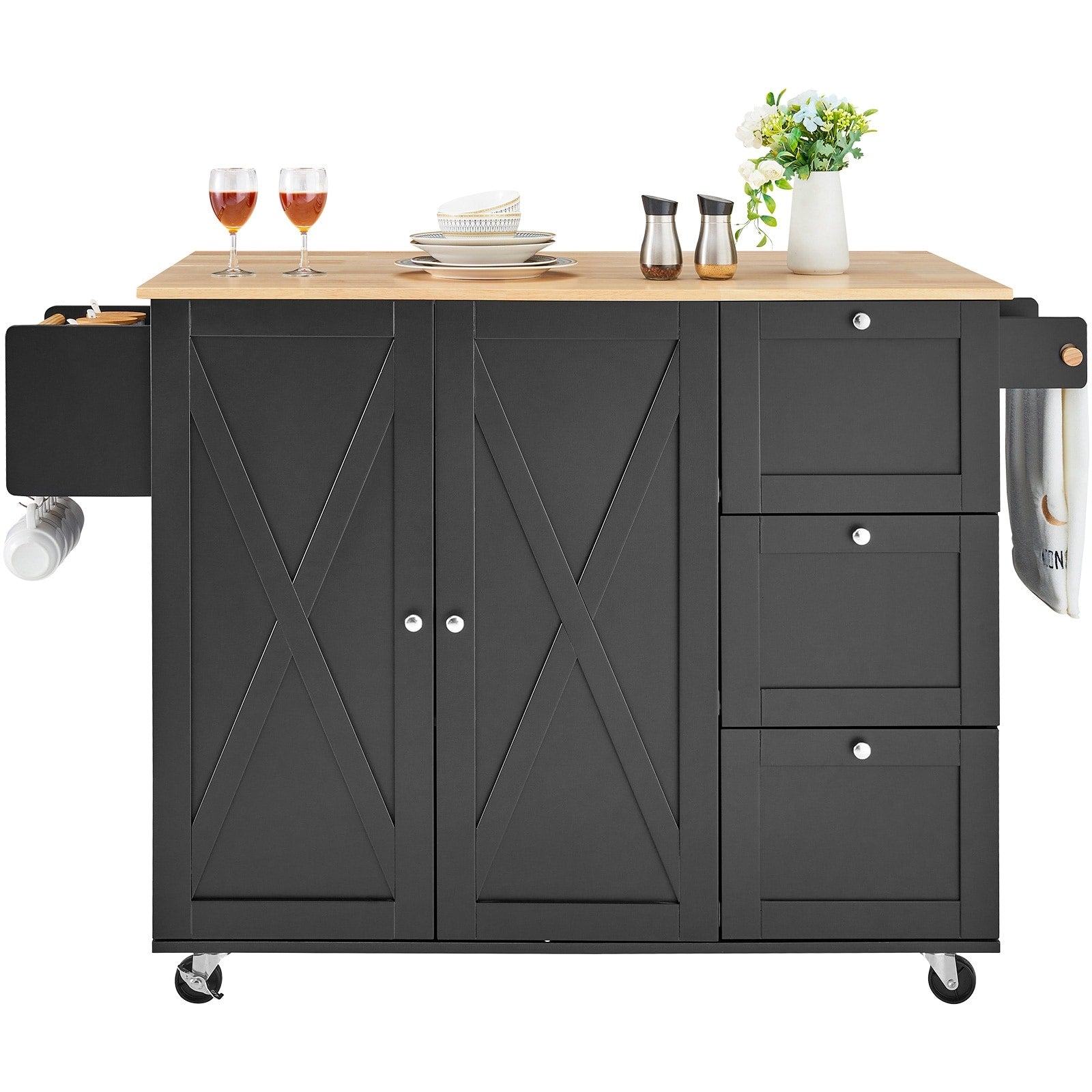 Kitchen Island Cart With Solid Wood Top Spice Rack Towel Rack Drop Leaf Drawer