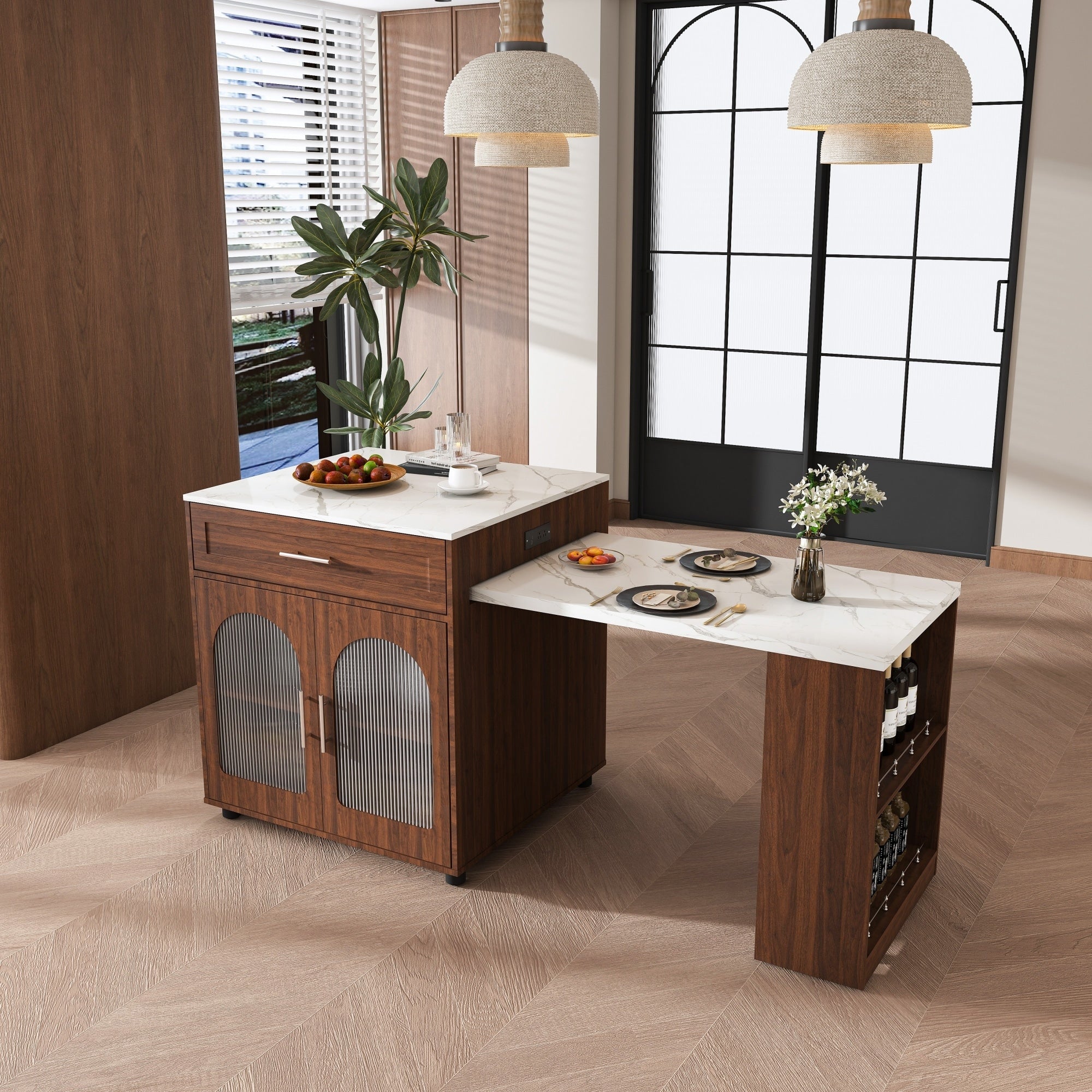 Kitchen Island With 80 Expandable Table Casters Walnut Multi Functional Rolling Kitchen Cart With Dining Table