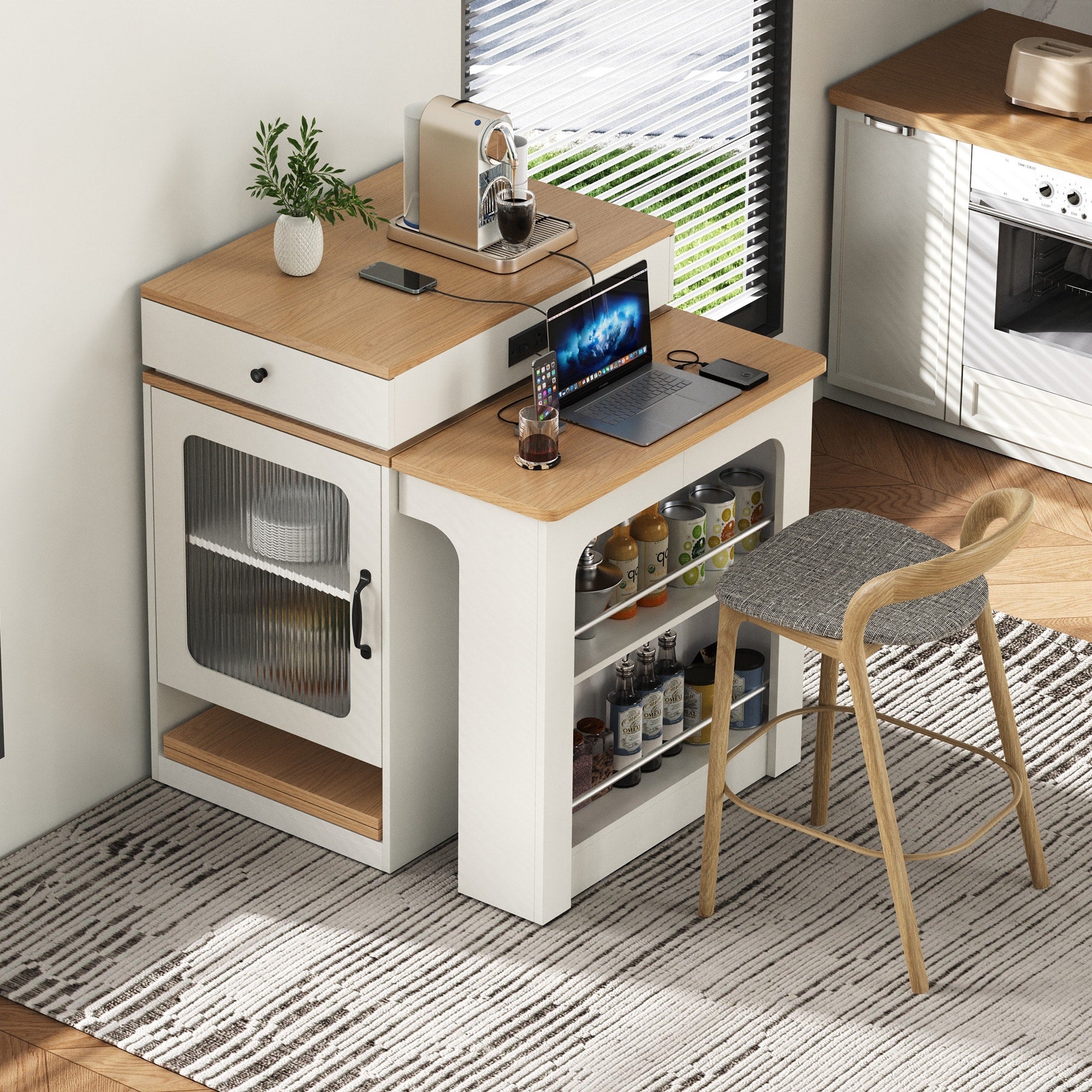 Kitchen Island With Dining Table For Extends To 41.8 Rolling Kitchen Island With 2 Drawers Power Outlet Side Open Shelves