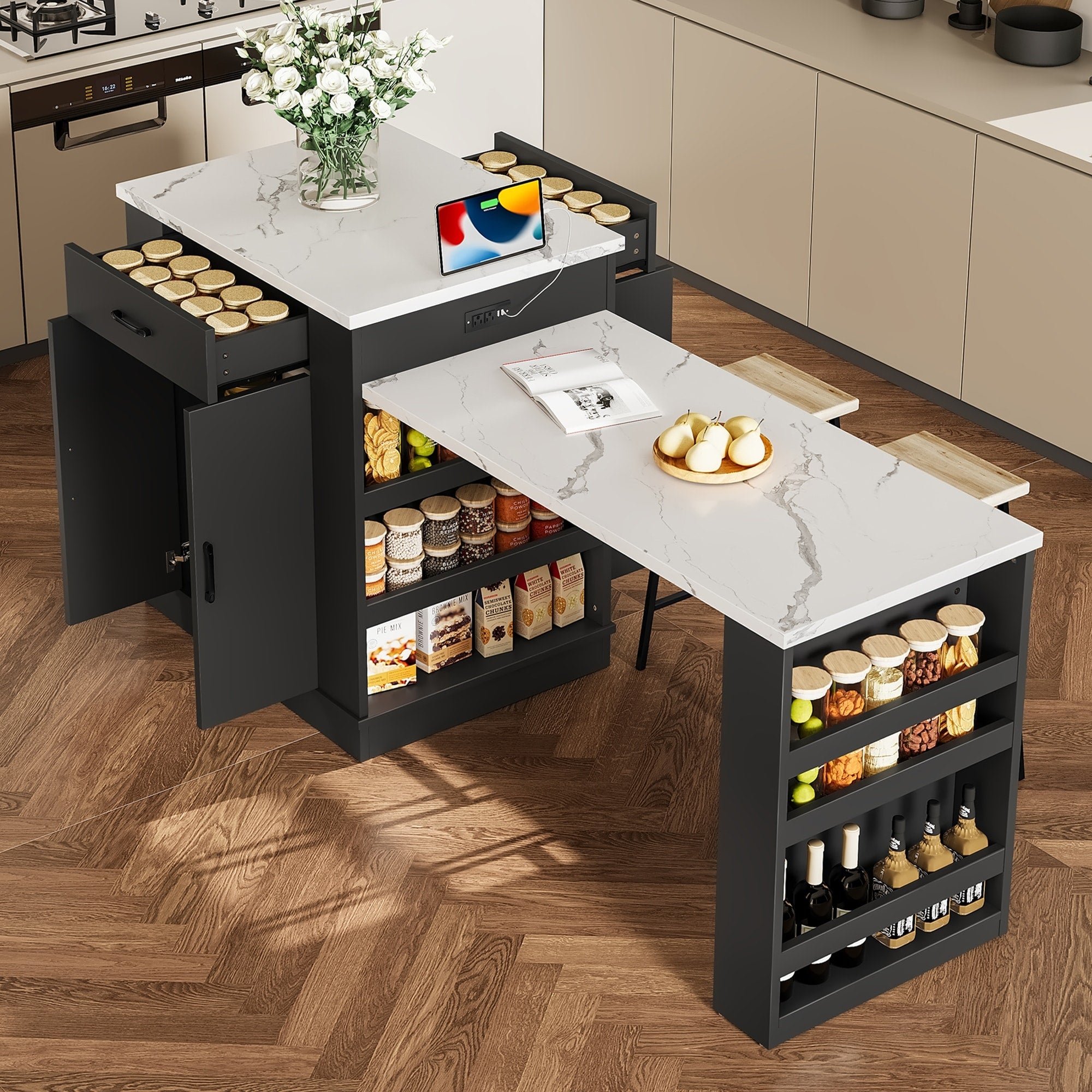 Kitchen Island With Dining Table For Extends To 47.7 Island Console With Double Door Cabinet 2 Drawers 2 Open Shelves