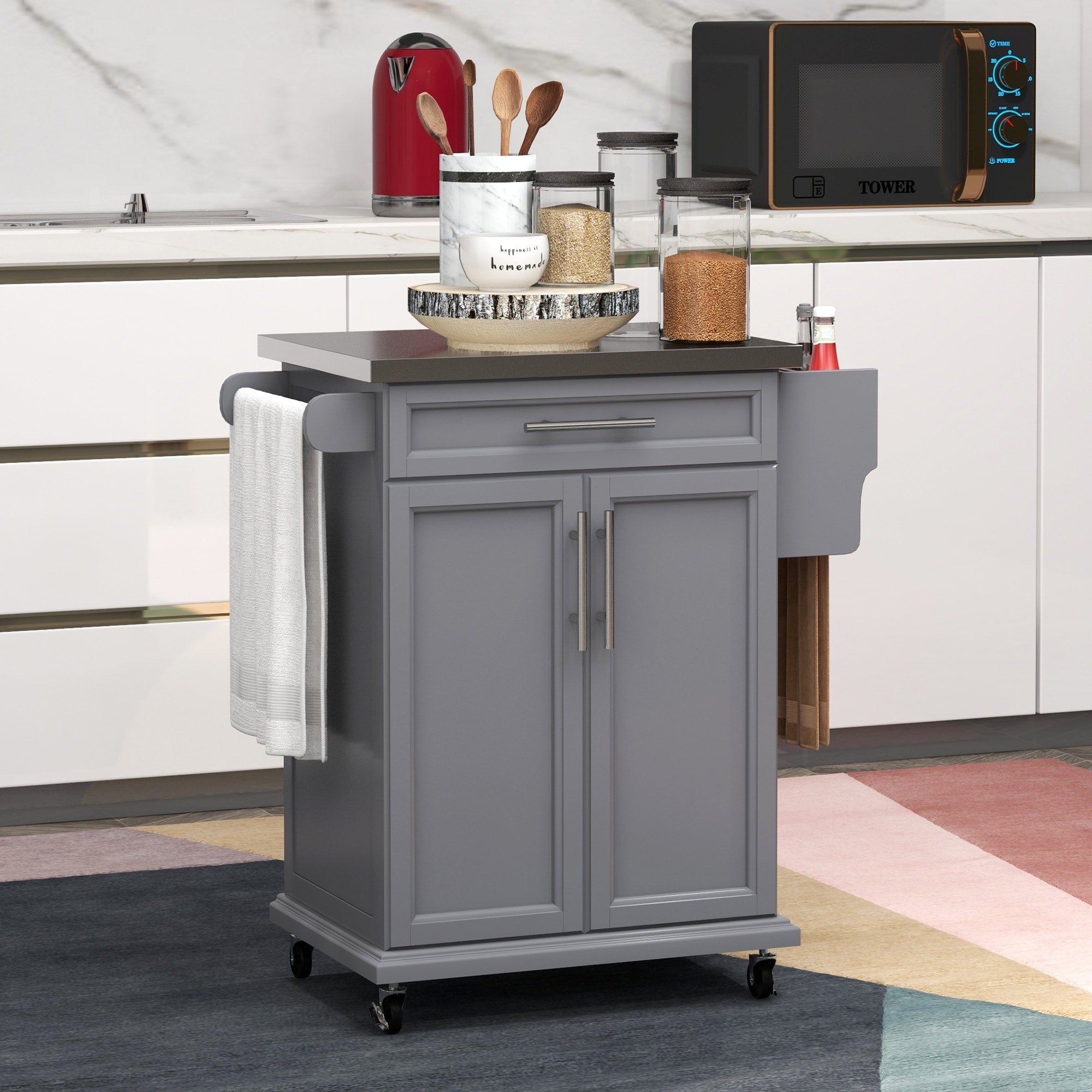 Kitchen Island With Drawer Cabinet Grey Rolling Kitchen Cart Mobile Kitchen Island With 4 Wheels Towel Rack