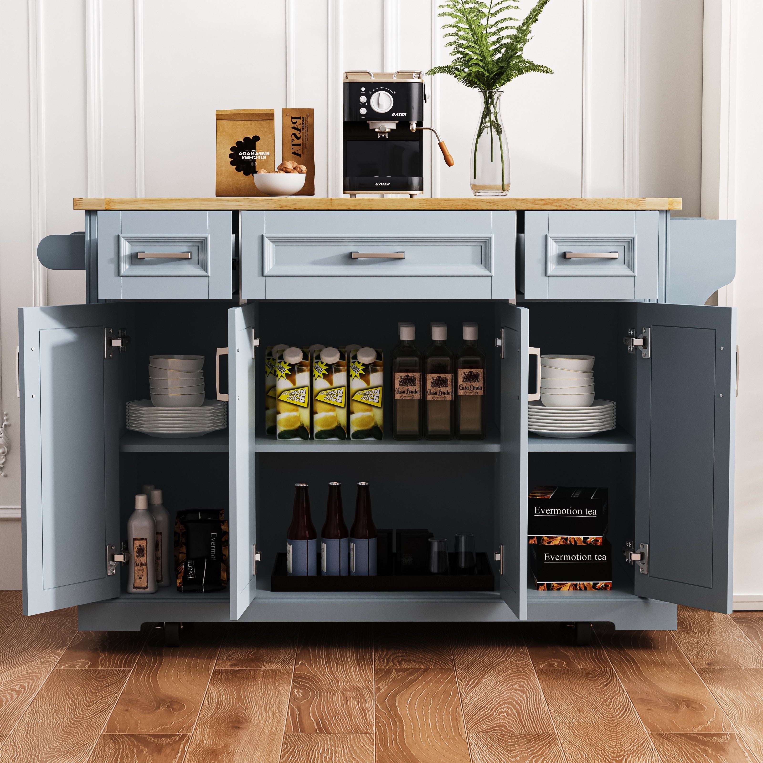 Kitchen Island With Drop Leaf Adjustable Shelf Spice Rack Towel Rack 2 Doors And 5 Drawers