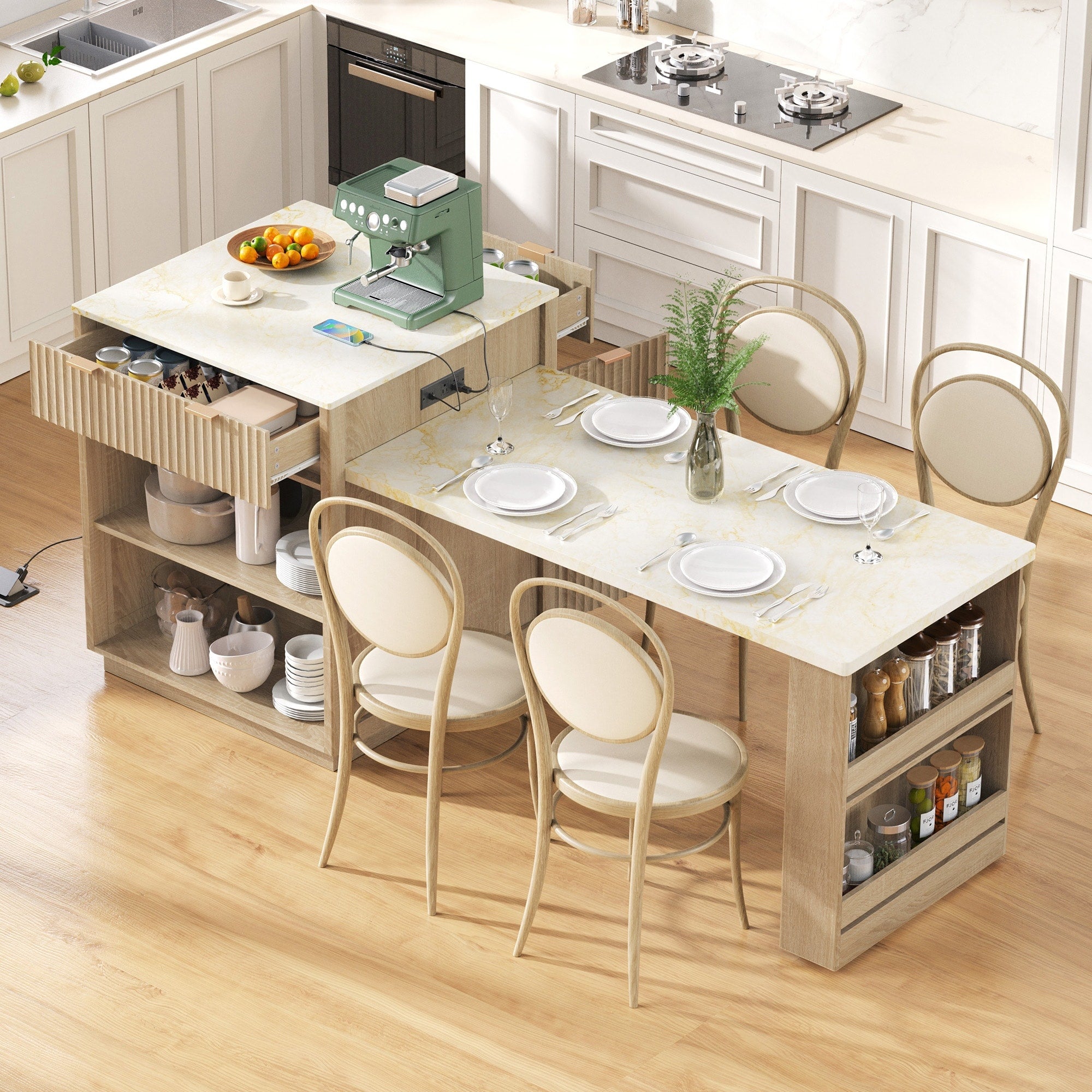 Kitchen Island With Extendable Dining Table Power Outlet Kitchen Table With Double Side Storage 2 Drawers 2 Open Shelves
