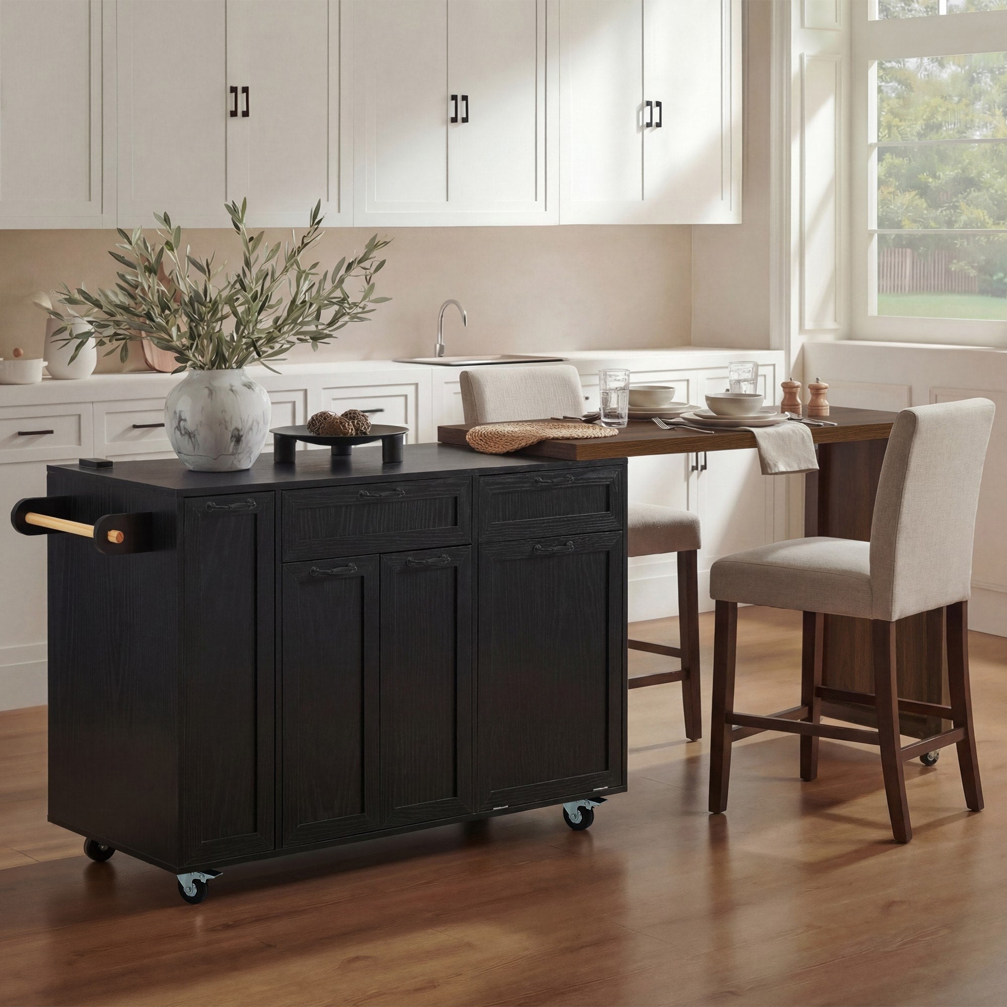 Kitchen Island With Extendable Dining Table Kitchen Rolling Island Cart Mobile Island Table With Trash Storage Cabinet