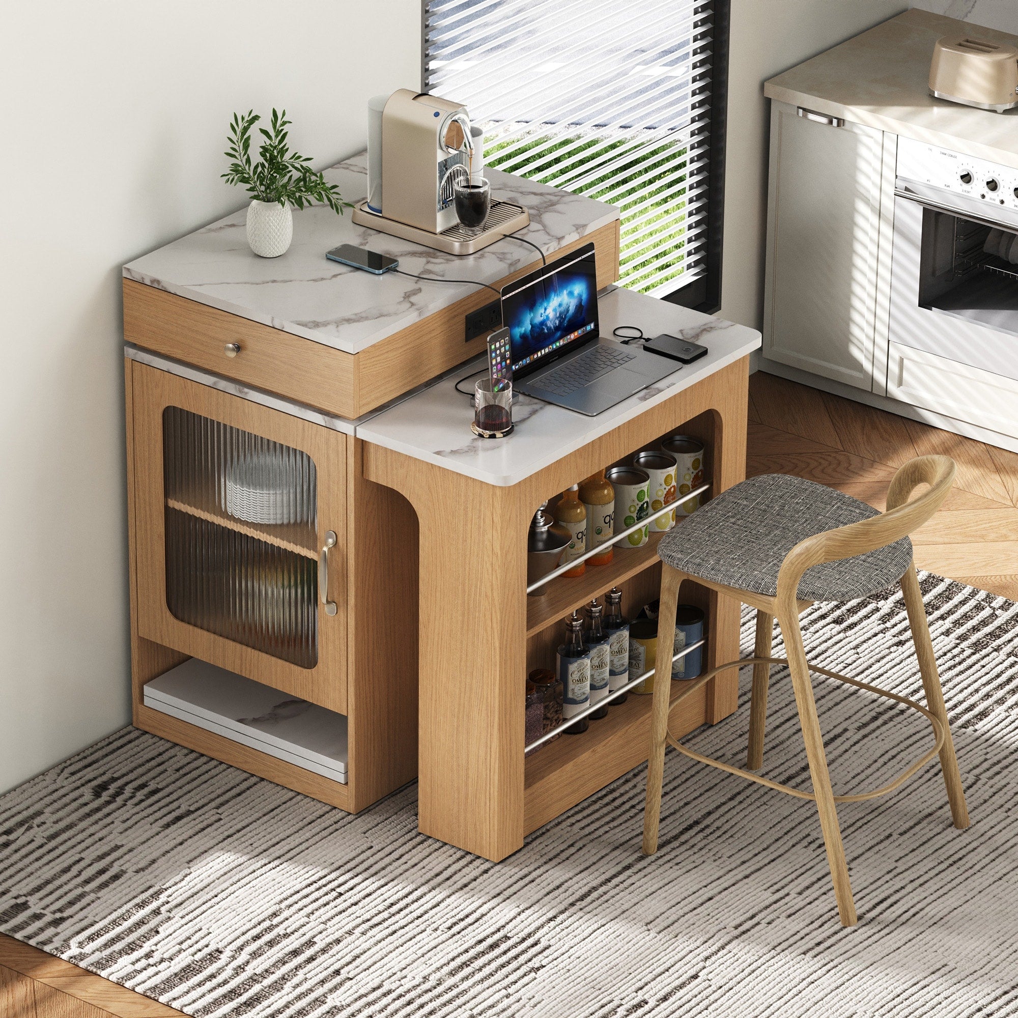 Kitchen Island With Extendable Dining Table Moveable Island Table With Double Sided Storage Side Open Shelves Power Outlet