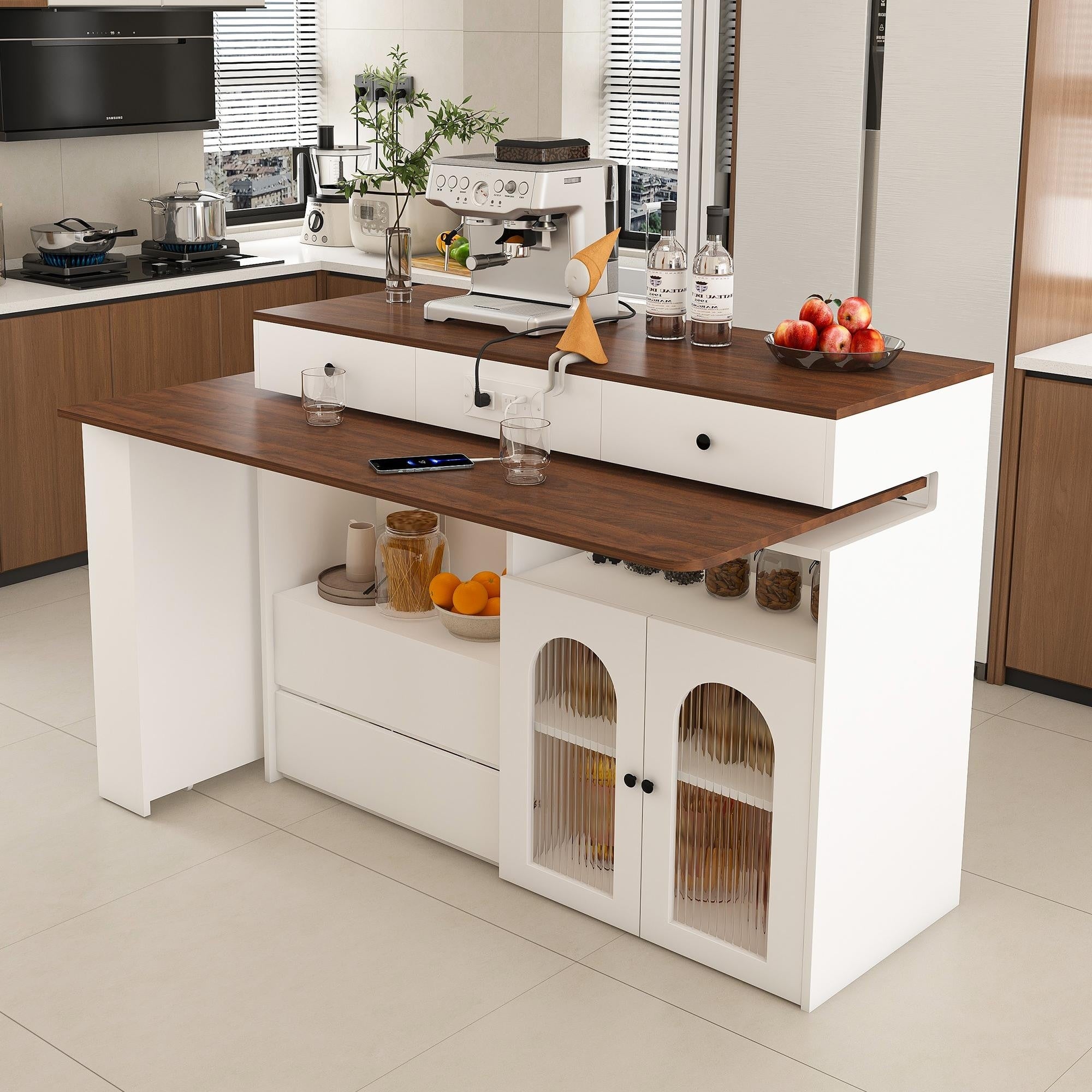 Kitchen Island With Extendable Table Expandable Dining Table With Glass Door Cabinets With Built In Socket For 2 4 Person