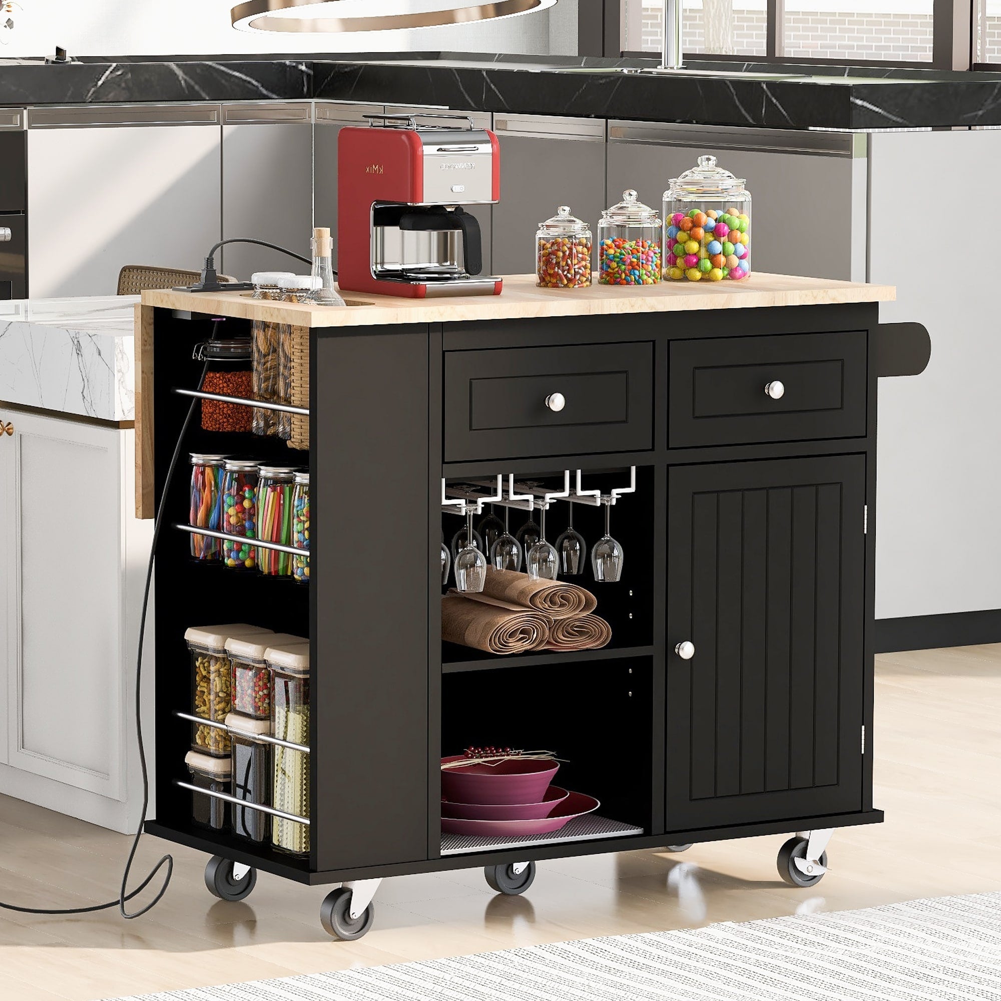 Kitchen Island With Power Outlet Drop Leaf Open Storage Wine Rack Adjustable Storage