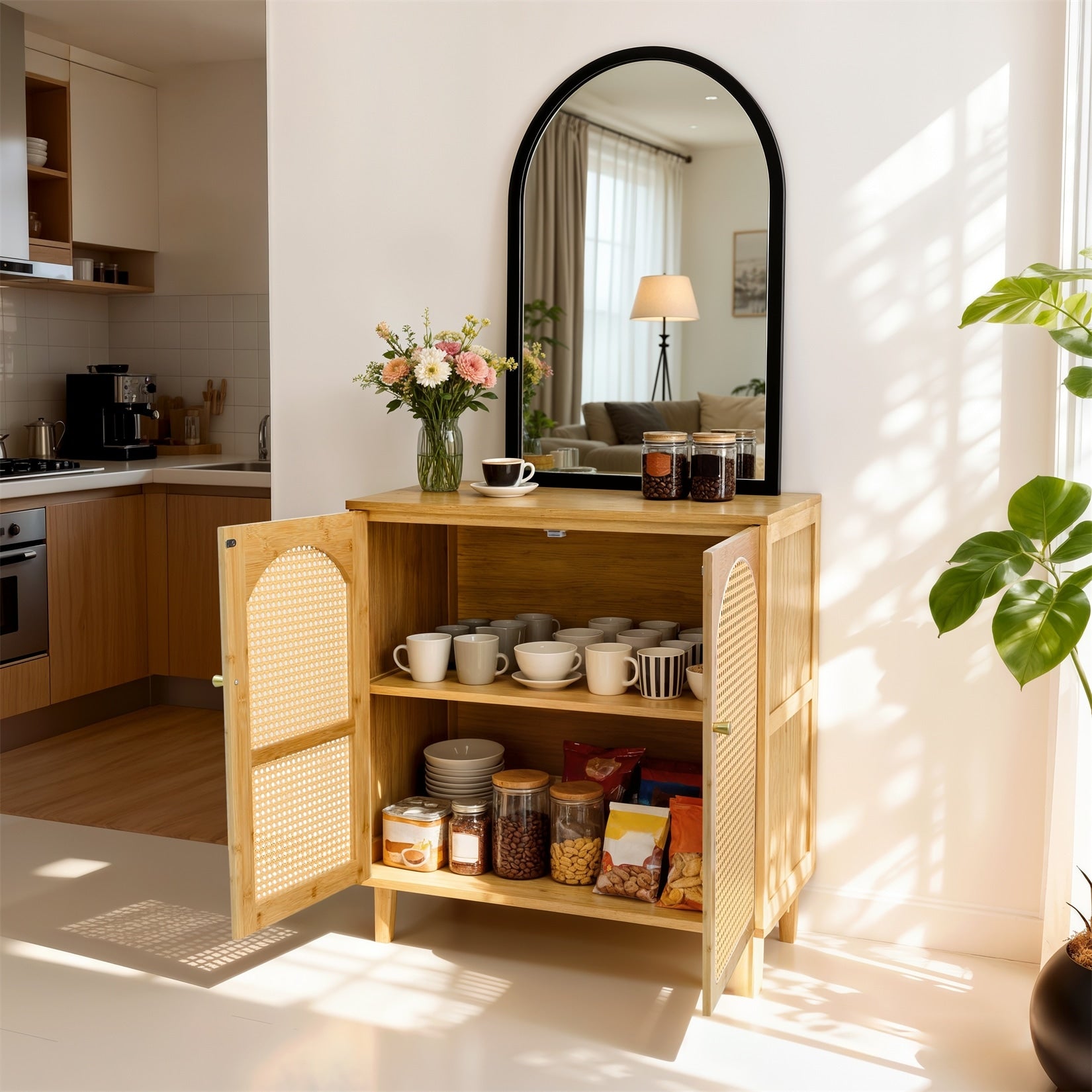 Kitchen Pantry Cabinet Bamboo Sideboard Buffet Cabinet With 2 Tier Storage Rattan Door 29.53 X15.35 X32.28