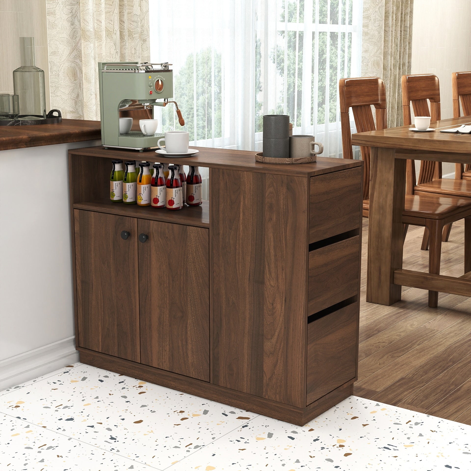 Kitchen Sideboard Storage Cabinet With 3 Side Drawers Accent Cabinet Corner Cabinet With 2 Glass Sliding Doors