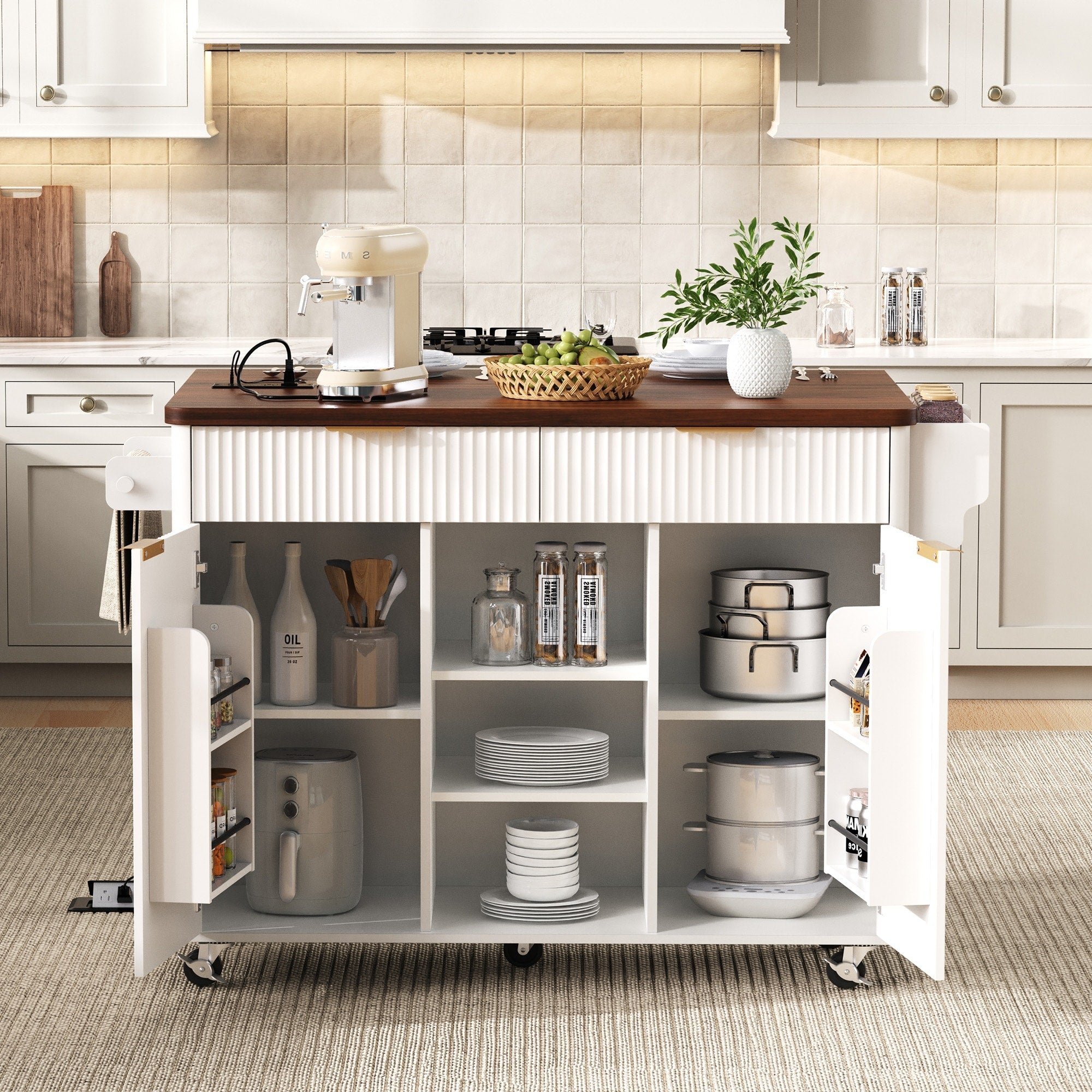 Kitchen Storage Cart With Adjustable Shelves Rolling Island Table Kitchen Storage Cart With 2 Doors And 2 Drawers