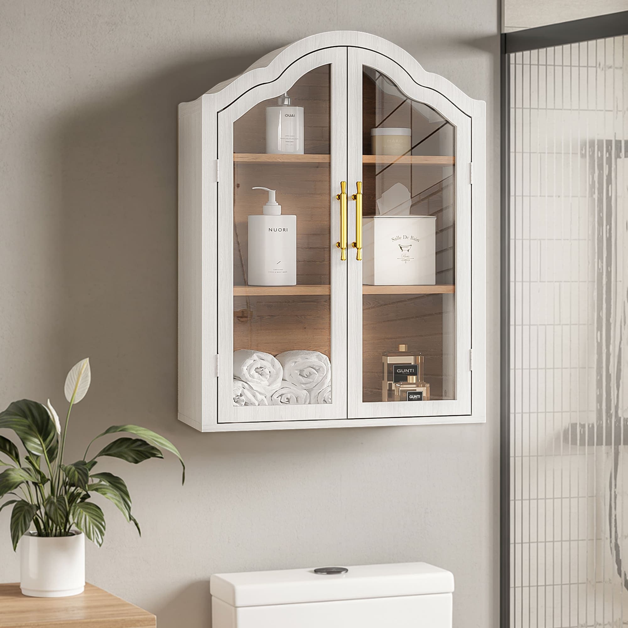 Kitchen Wall Cabinet With Glass Doors Arched Pantry Cupboard For Dining Storage