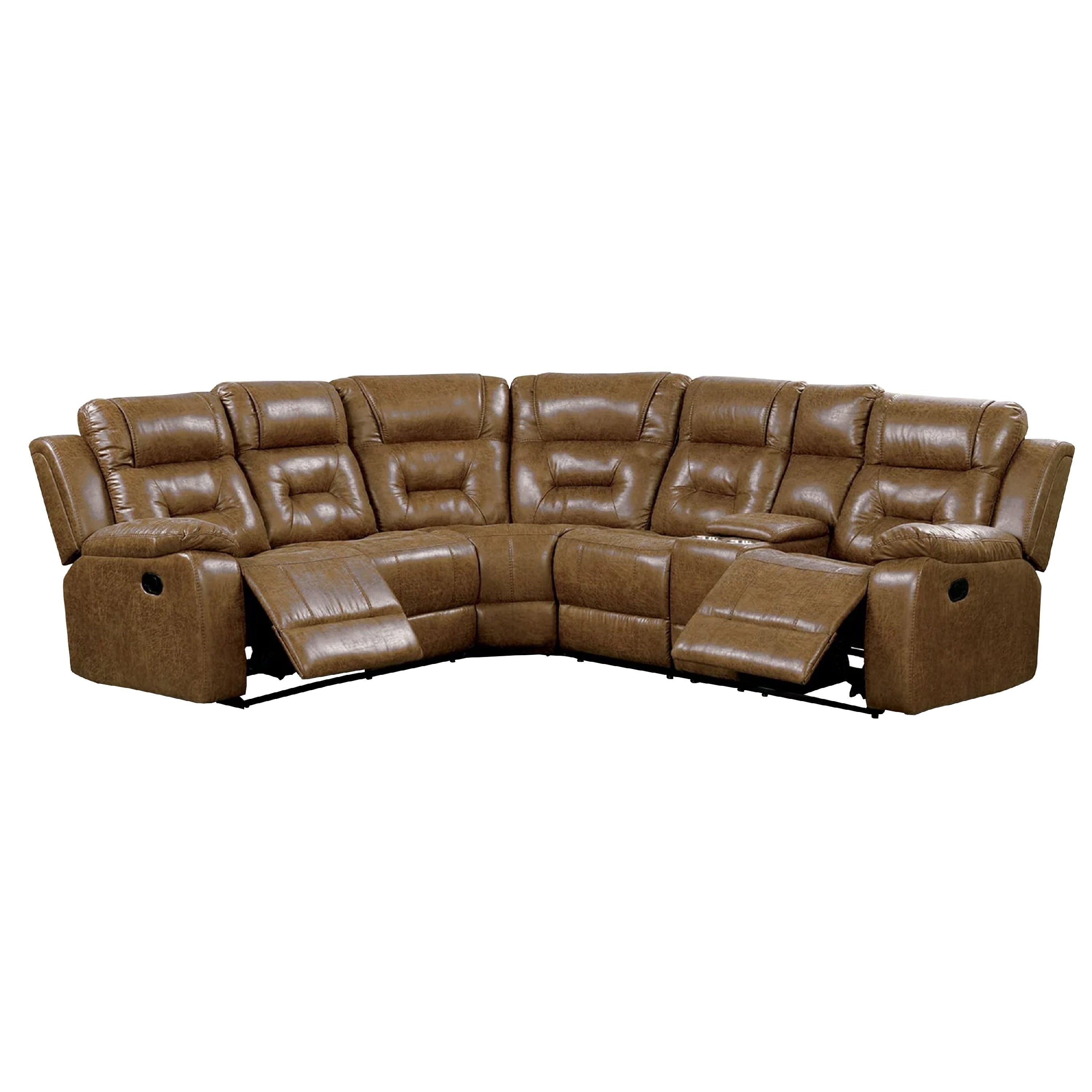 Kius Manual Recliner Sectional Sofa Console Tufted Brown Faux Leather
