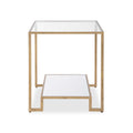 Kix Side End Table 20 Inch Square Glass Top Open Shelf Antique Gold