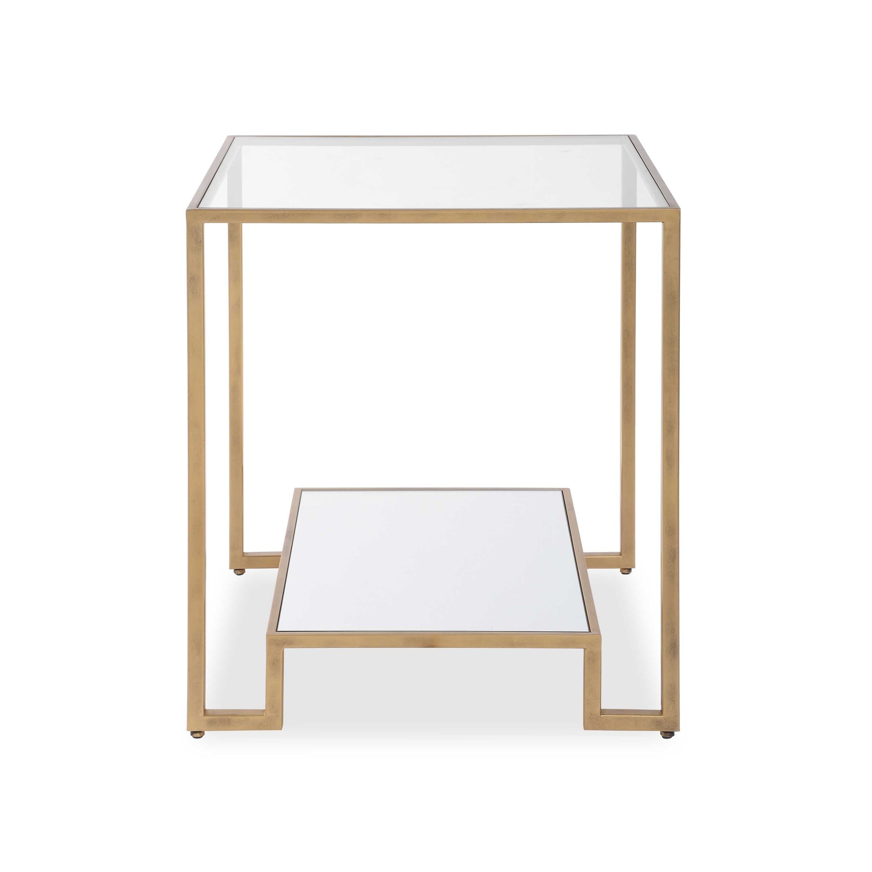 Kix Side End Table 20 Inch Square Glass Top Open Shelf Antique Gold