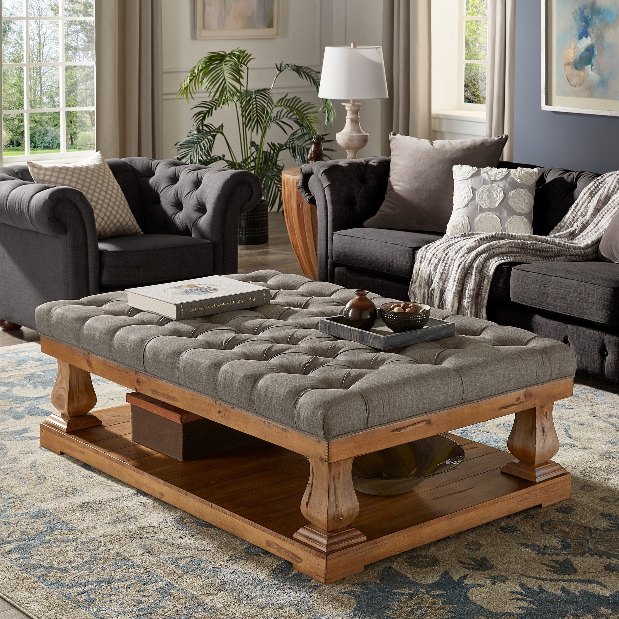 Knightsbridge Tufted Linen Baluster 60 Inch Cocktail Ottoman By Inspire Q Artisan